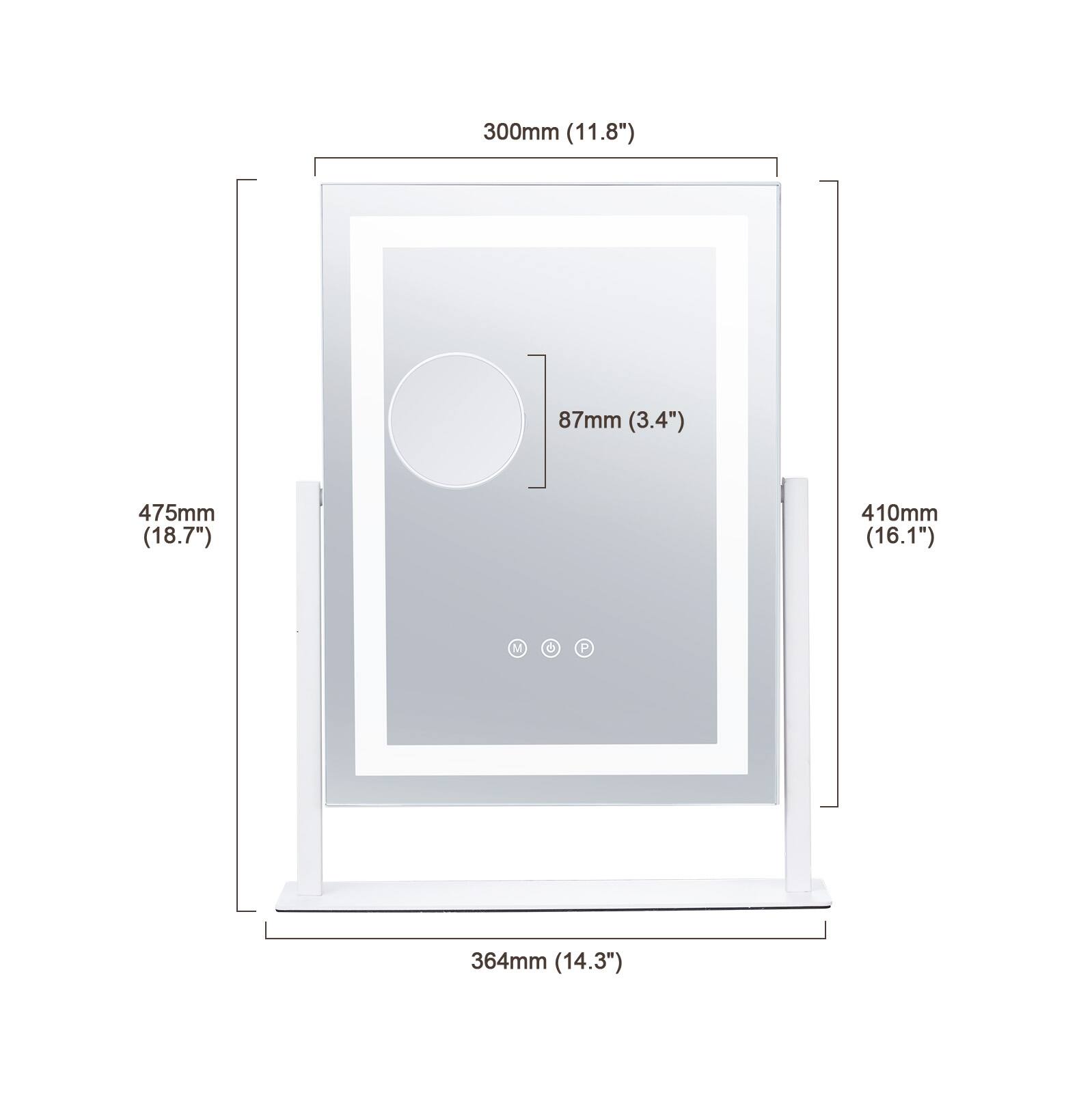 - 300mm (11.8")
- 87mm (3.4")
- 475mm (18.7")
- 410mm (16.1")
- M = 364mm (14.3")