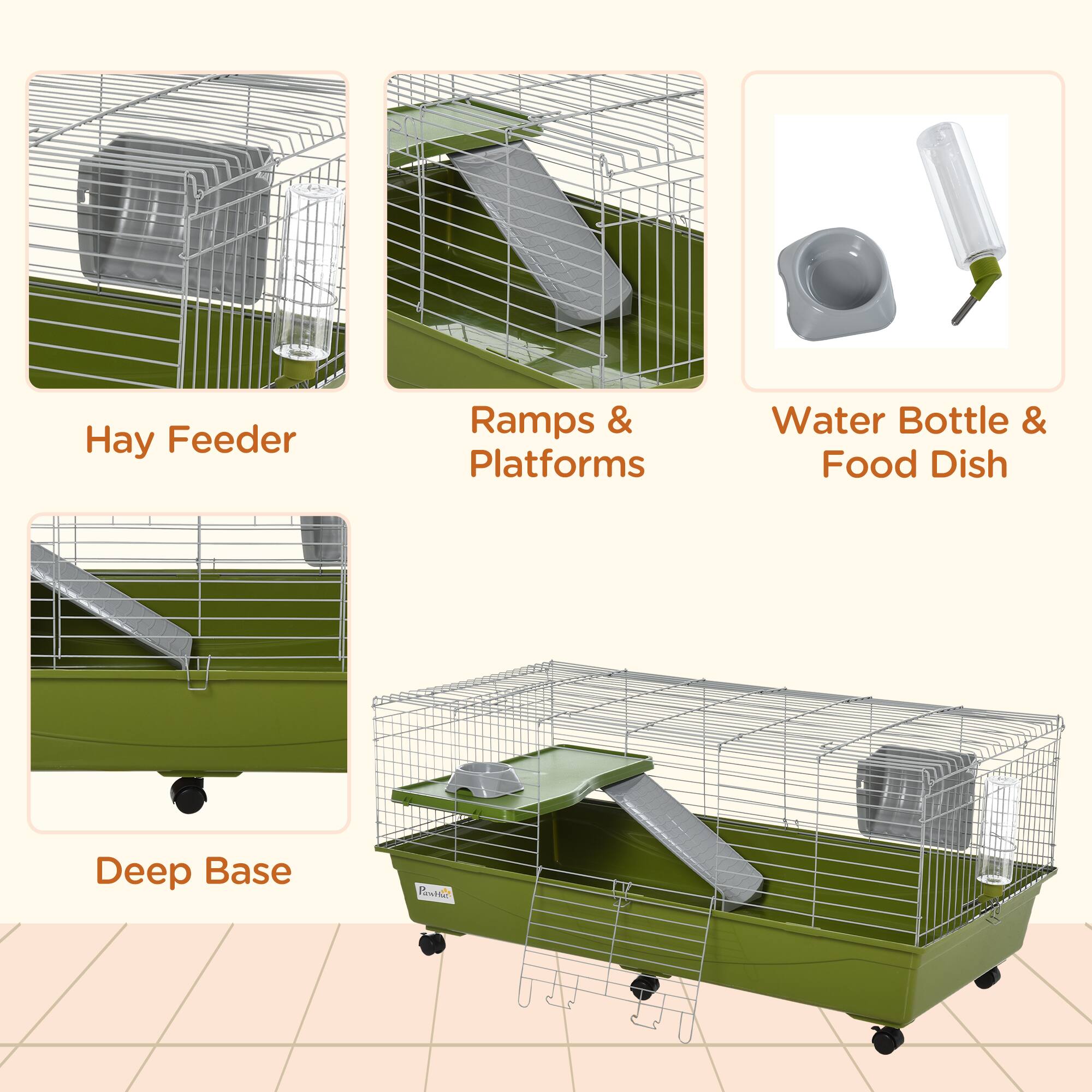 - Hay Feeder
- Ramps & Platforms
- Water Bottle & Food Dish
- Deep Base