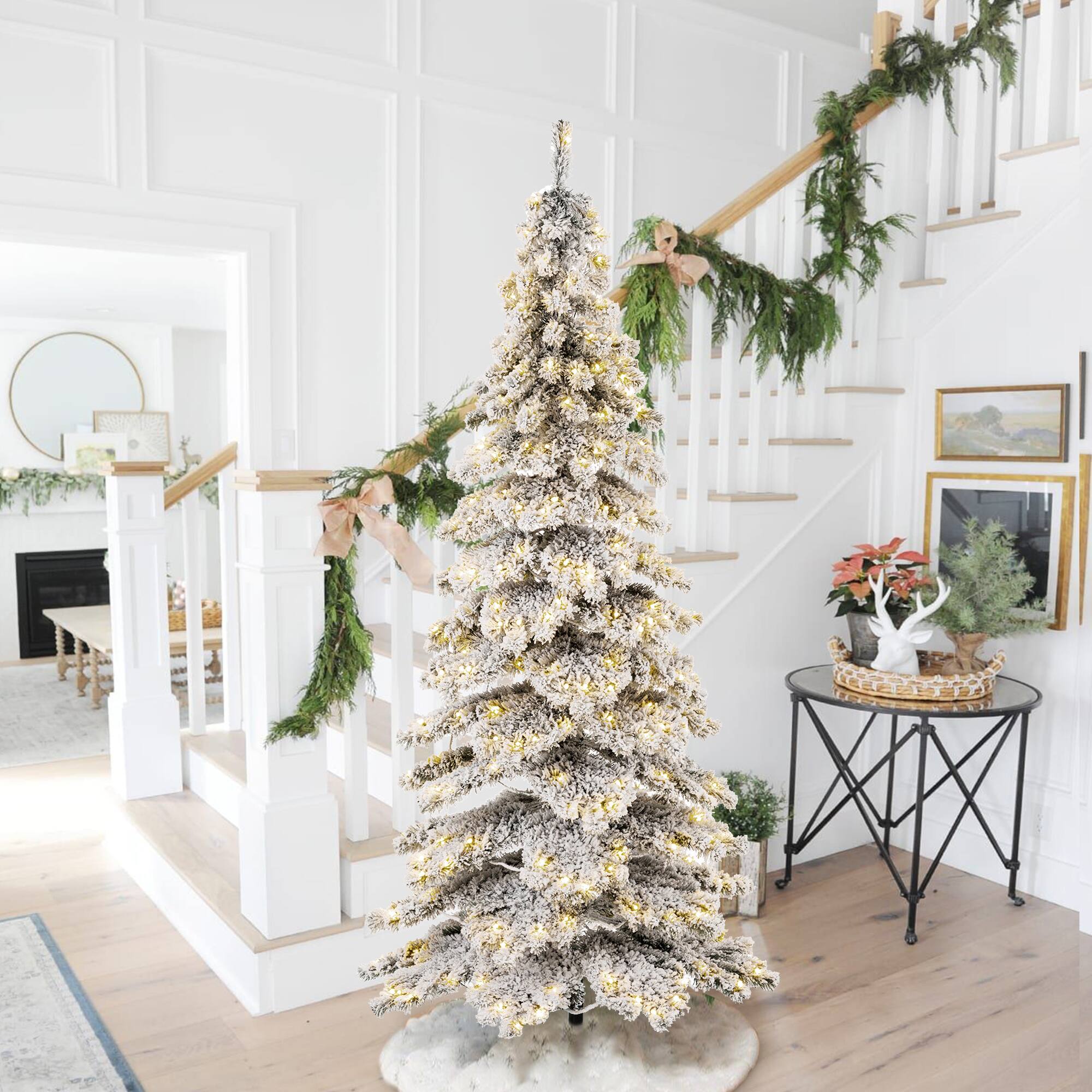 Alt View 6. Glitzhome - 7.5ft Pre-Lit Flocked Layered Slim Spruce Artificial Christmas Tree with 350 Lights - White.
