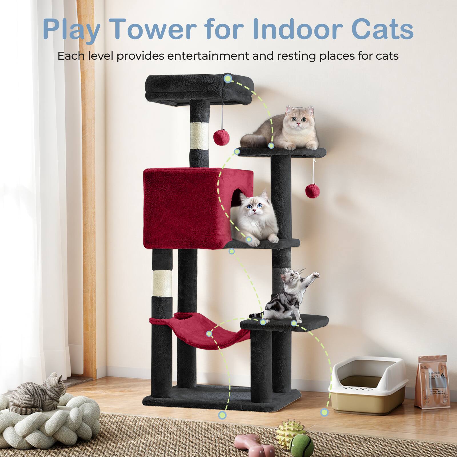 Play Tower for Indoor Cats  
Each level provides entertainment and resting places for cats