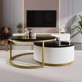 GOODSILO - Modern Round Nesting Coffee Table with Fluted Design and Drawer for Living Room - Black