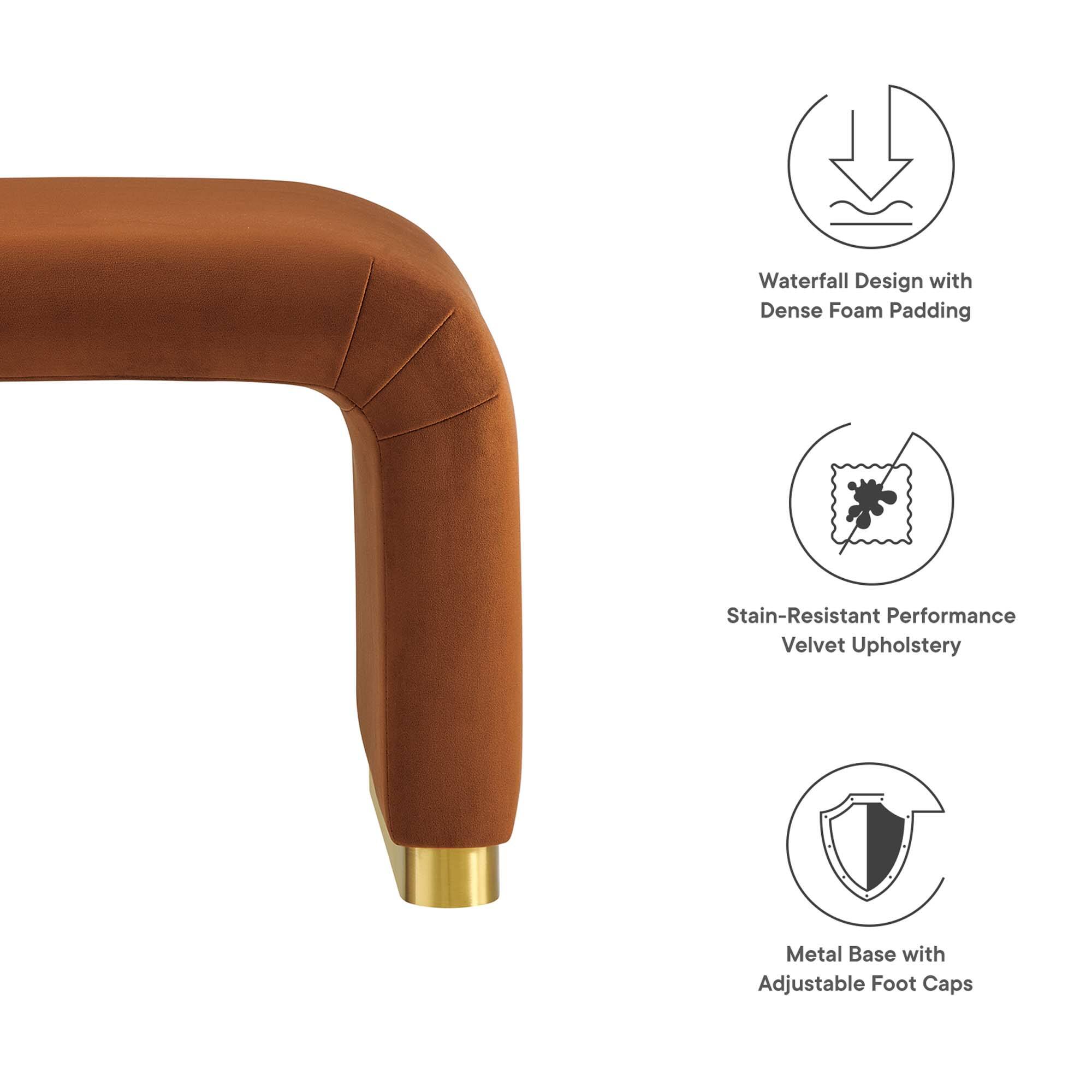 Waterfall Design with Dense Foam Padding  
Stain-Resistant Performance Velvet Upholstery  
Metal Base with Adjustable Foot Caps