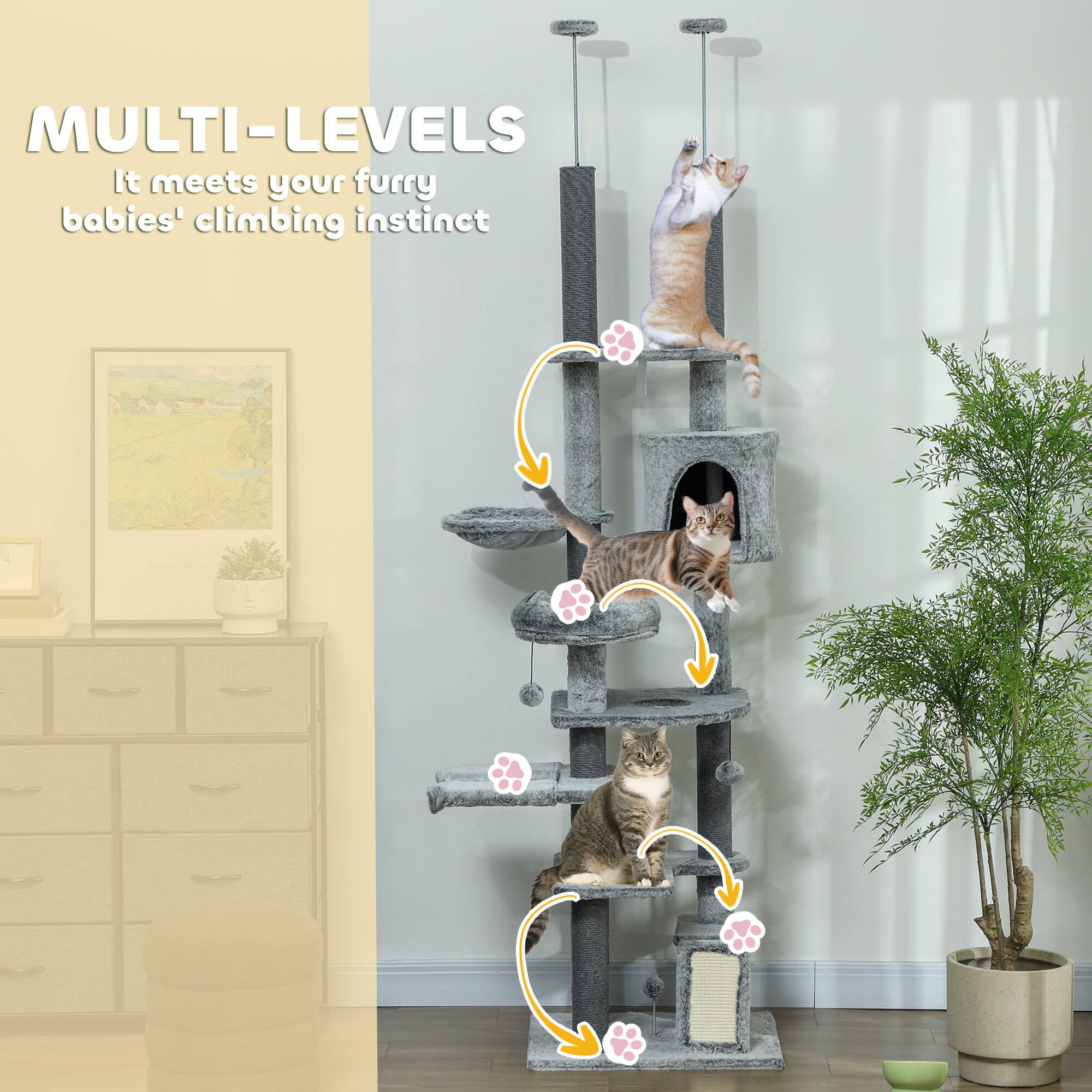 Alt View 2. Pawhut - 89"-100" Adjustable Floor to Ceiling Cat Tree, Climbing Tower Activity Center with Perch, Condo, Scratching Posts & Ramp - Gray.