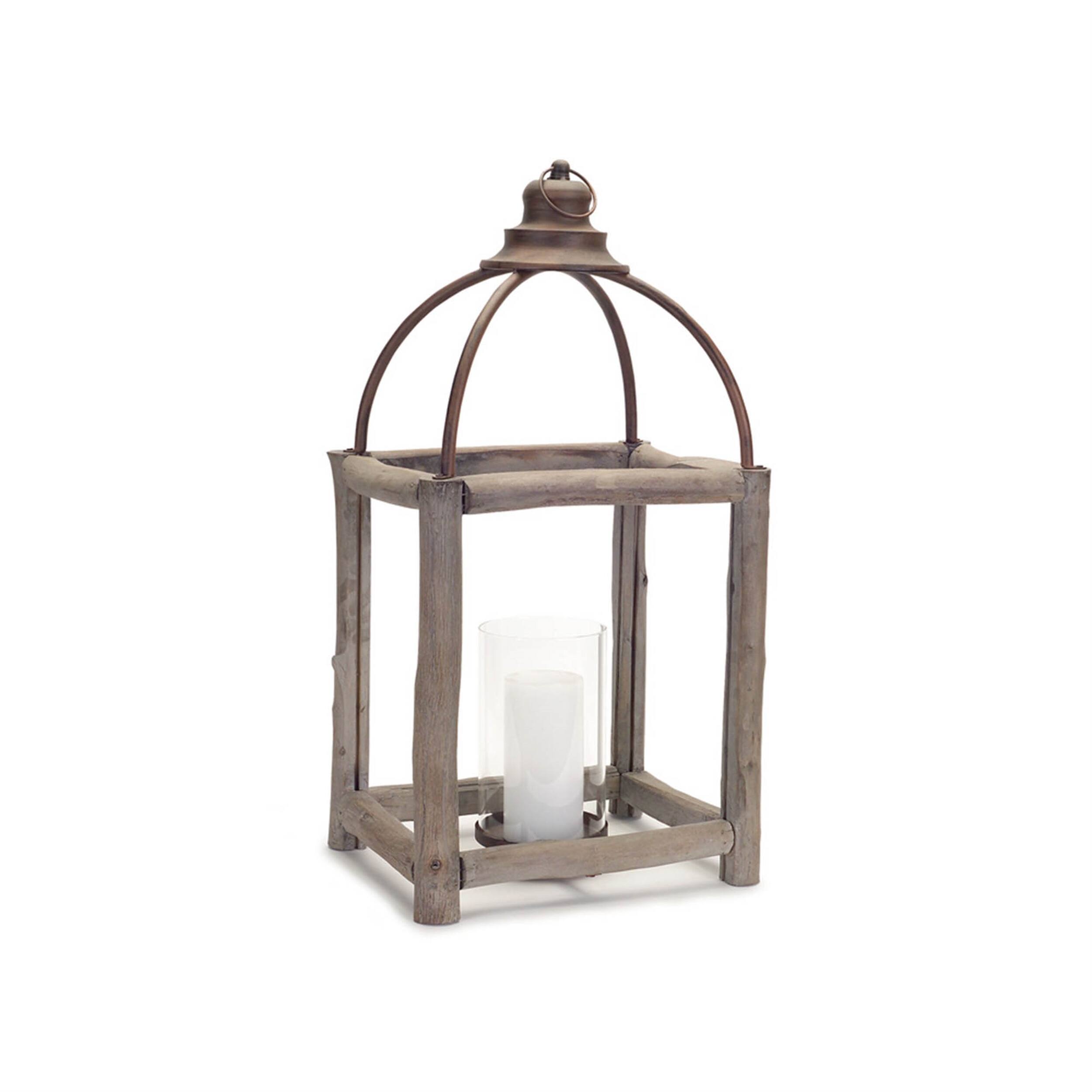 Alt View 1. BreeBe - Rustic Wood Log and Antique Metal Lantern with Glass Hurricane (Set of 2) - Natural, Grey.