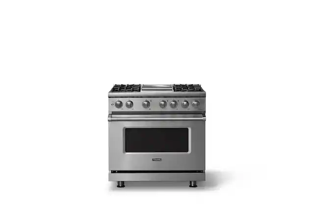 Front. Viking - 36"W. Pro5S 5.6 Cu. Ft. Freestanding Self-Clean Sealed 4B LP Dual Fuel Convection Range/Grdl-Stainless Steel - Stainless Steel.