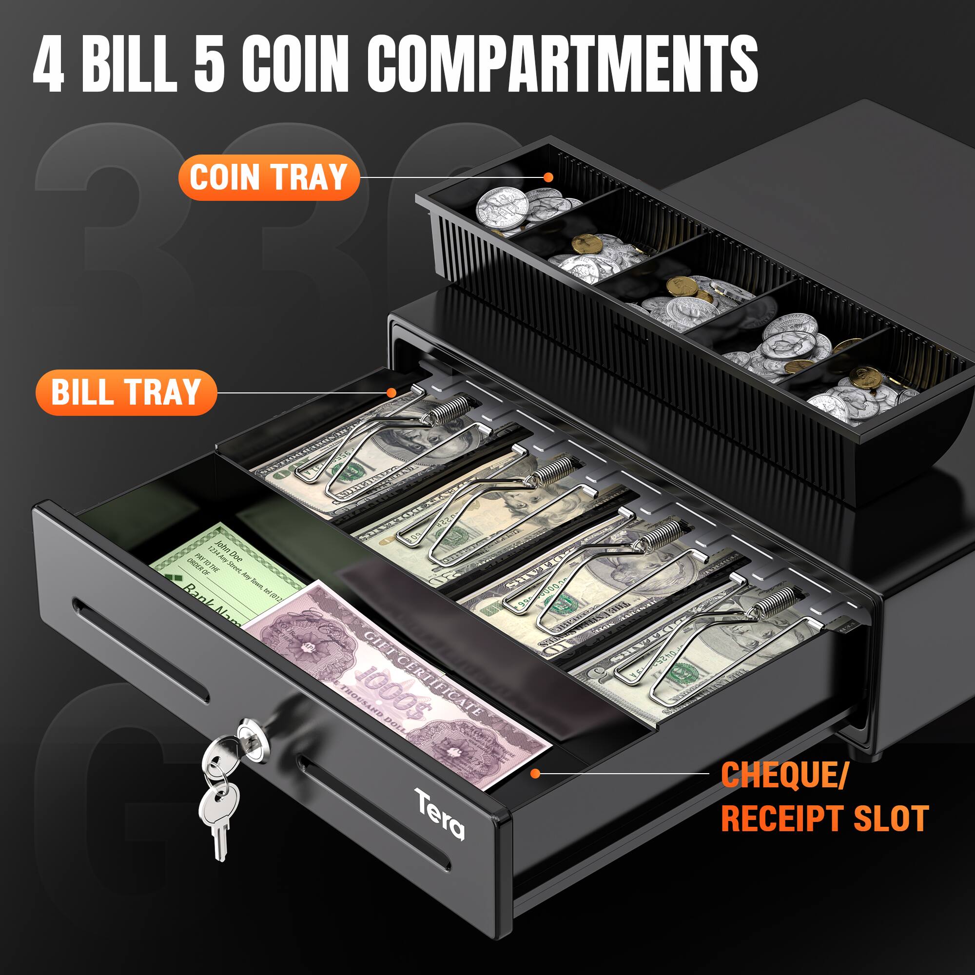 4 BILL 5 COIN COMPARTMENTS  
COIN TRAY  
BILL TRAY  
CHEQUE/ RECEIPT SLOT  

1234 John Doe  
SERVICES PAY TO THE ORDER OF Storet, Advy lown, Bank Nam Bank tel (312)  
SAVITOS 99000000030 0.000  
GIFT 10000000 DOLLARS THOUSAND 1000$ DOLL CERTIFICATE CHEQUE/