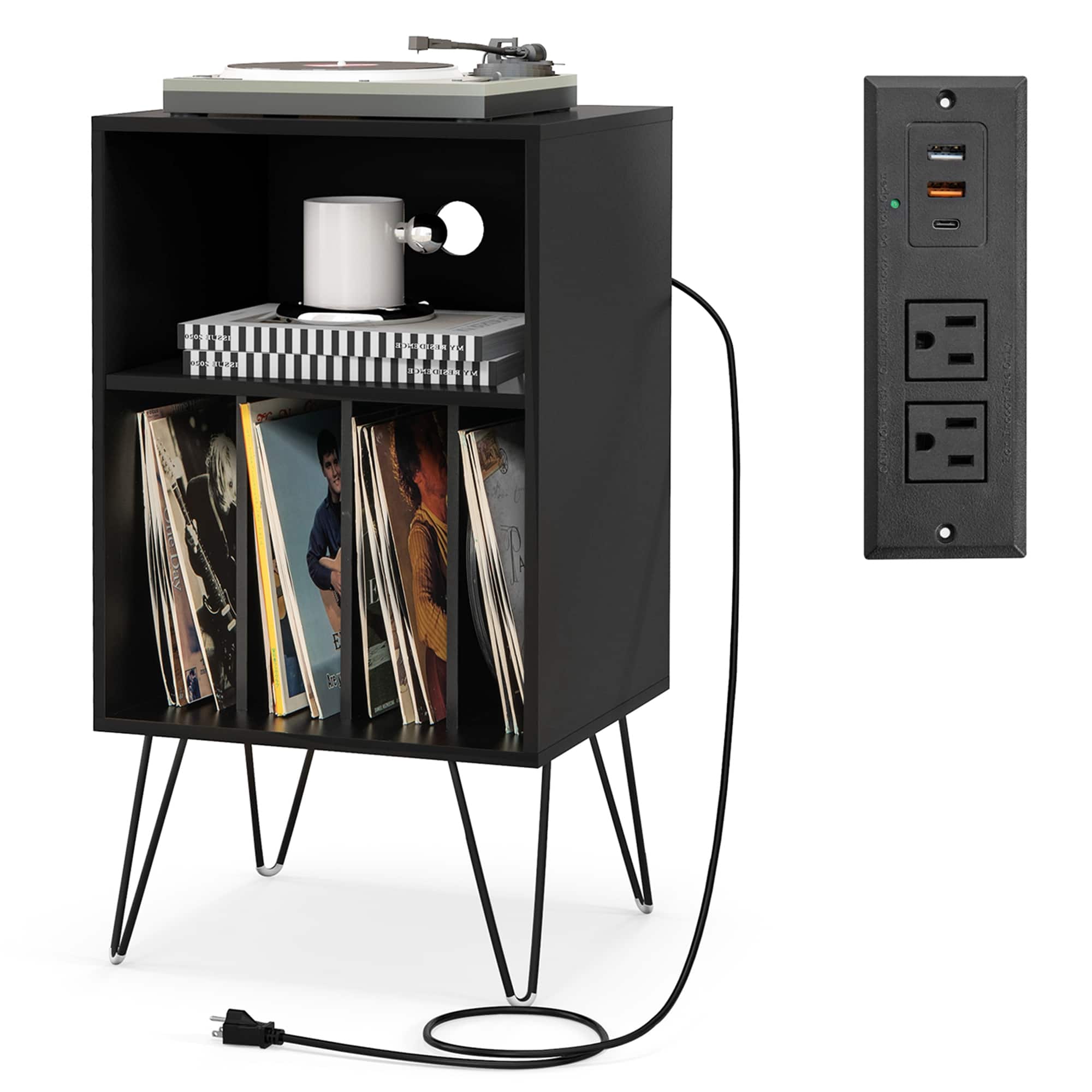 Front. Costway - Costway 3-Tier Record Player Stand with Charging Station Shelf & 4 Dividers for Bedroom - Black.