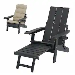 Fortune Candy - Folding Adirondack Chair w/Cupholders, Ottoman & Cushion, Adjustable Backrest for Patio, Porch, Beach - Carbon Black