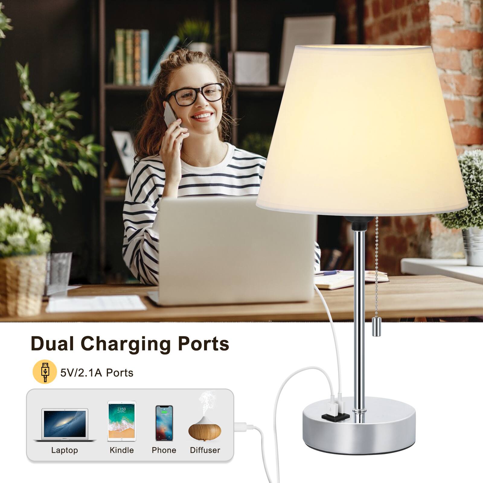 Dual Charging Ports  
5V/2.1A Ports  
Laptop  
Kindle  
Phone  
Diffuser