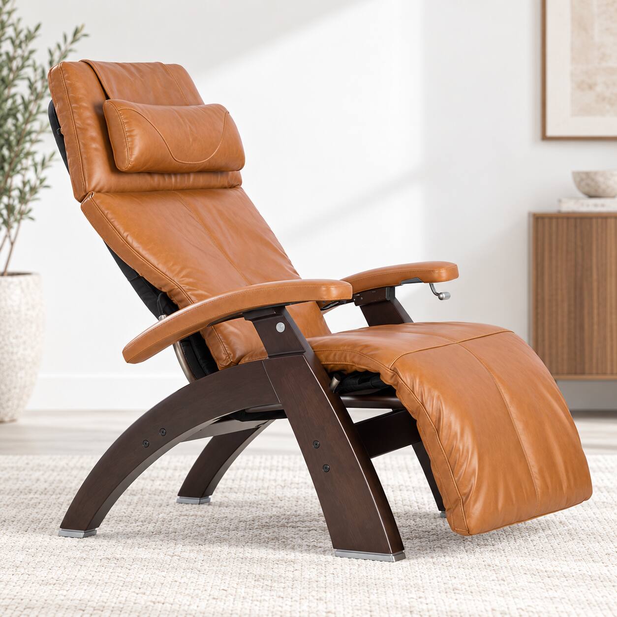 Angle. Human Touch - Human Touch Perfect Chair PC-420 Classic Manual Plus Zero Gravity Recliner with Solid Wood Base - Dark Walnut / Saddle Premium Leather / Supreme.