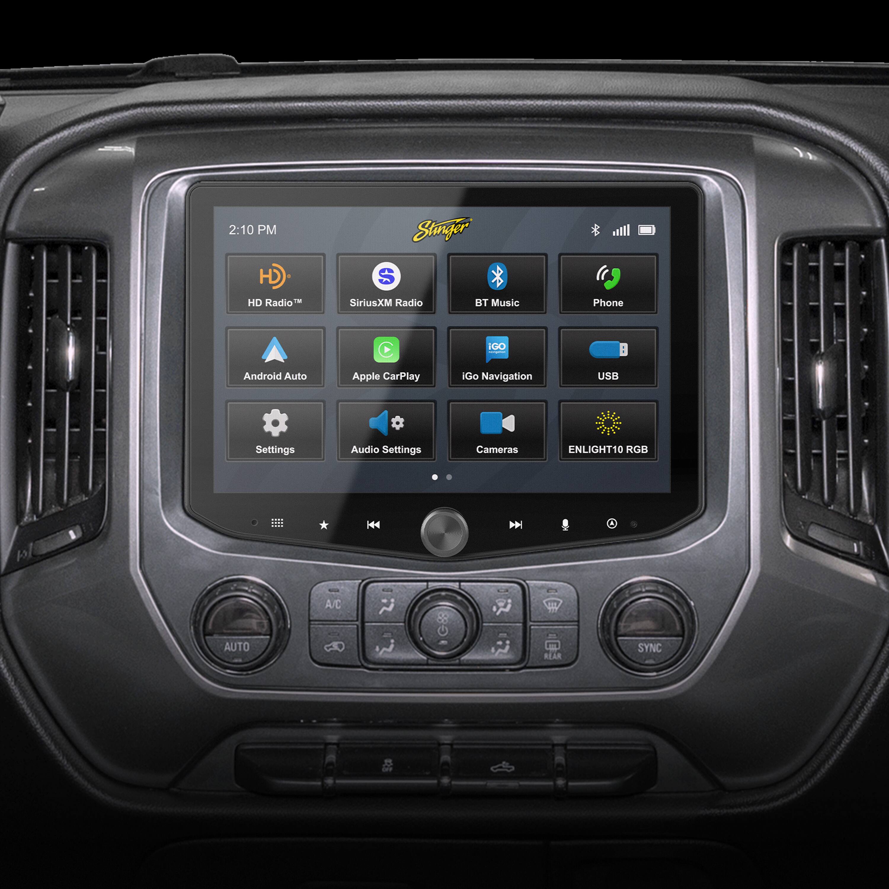 The text on the image is grouped and corrected as follows:
2:10 PM
* HD Radio
* SiriusXM Radio
* T-Mobile Music
* Android Auto
* Apple CarPlay
* IGo Navigation
* USB Settings
* Audio Settings
* Cameras
* ENLIGHT10 RGB H44 N A/C J AUTO REAR SYNC