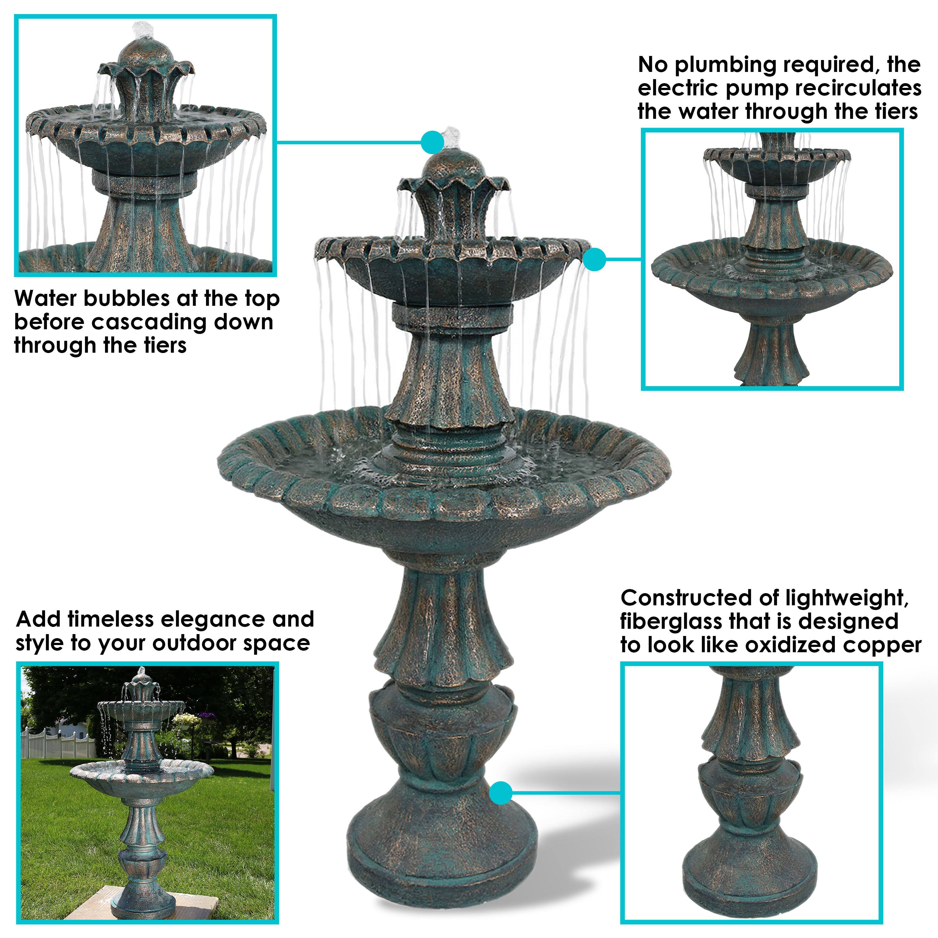 - No plumbing required, the electric pump recirculates the water through the tiers
- Water bubbles at the top before cascading down through the tiers
- Add timeless elegance and style to your outdoor space
- Constructed of lightweight, fiberglass that is designed to look like oxidized copper
