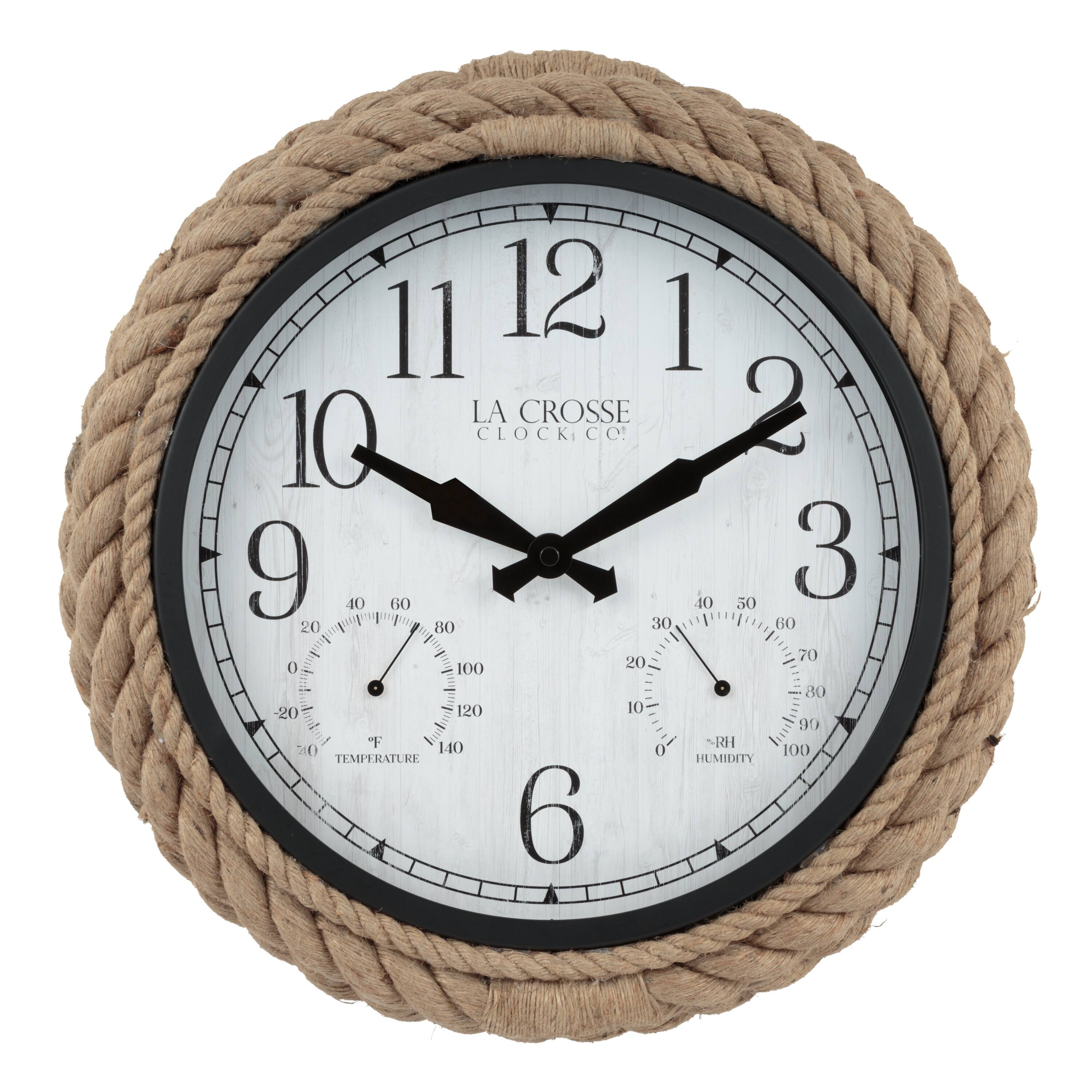 La Crosse Clock Co. - 14 Inch Rowan Rope Indoor/Outdoor Analog Quartz Wall Clock - Brown