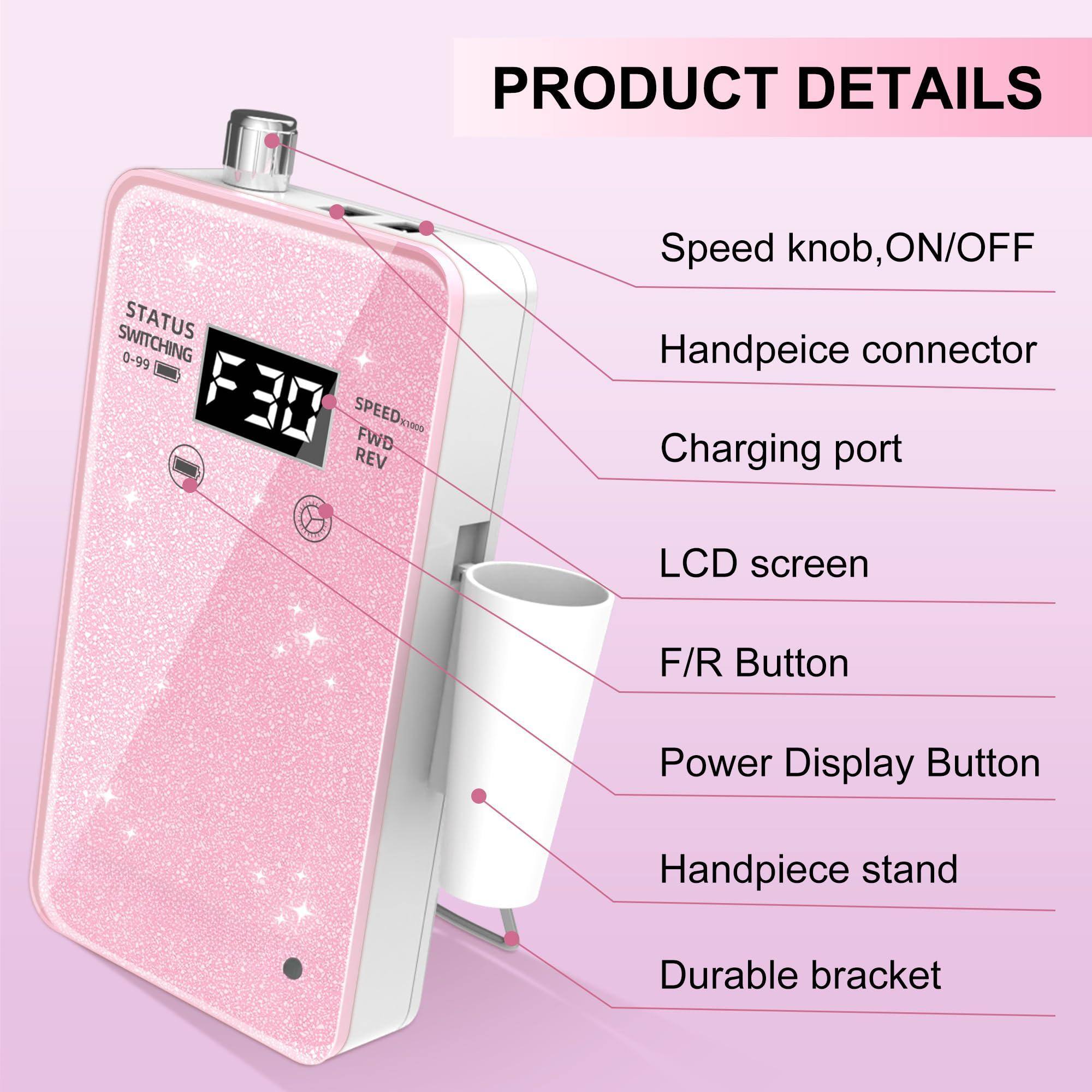 PRODUCT DETAILS

- Speed knob, ON/OFF
- Handpiece connector
- Charging port
- LCD screen
- F/R Button
- Power Display Button
- Handpiece stand
- Durable bracket