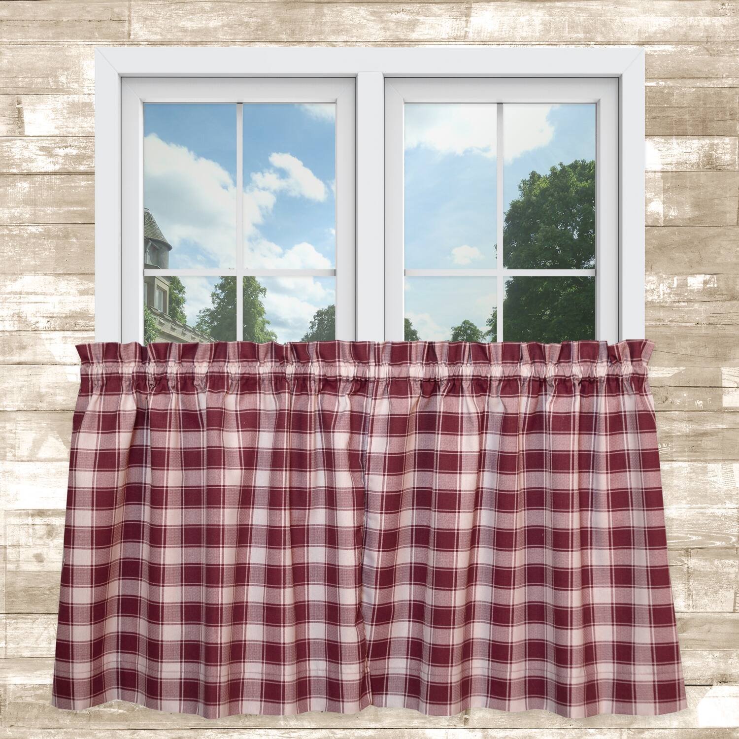 Angle. Ellis Curtain - ELLIS 50% Polyester 50% Cotton Country Check Tailored With 1.5" Rod Pocket Tiers 56" x 24" Brick - Brick.