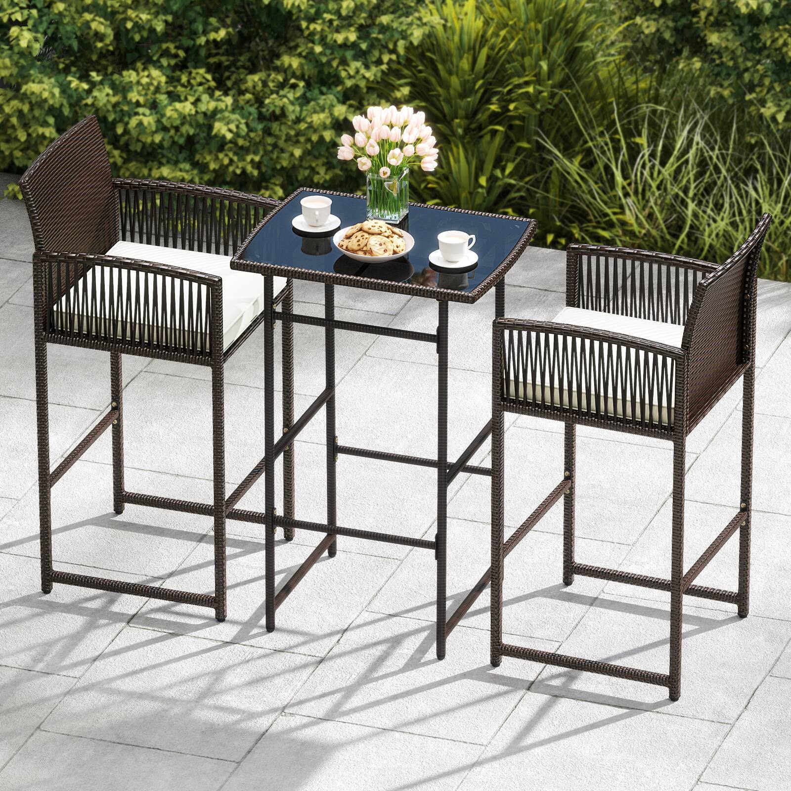 Alt View 1. Costway - Costway 3 PCS Patio Bar Set Wicker Table & Armchairs with  2 Cushions & Glass Tabletop - Mix Brown.