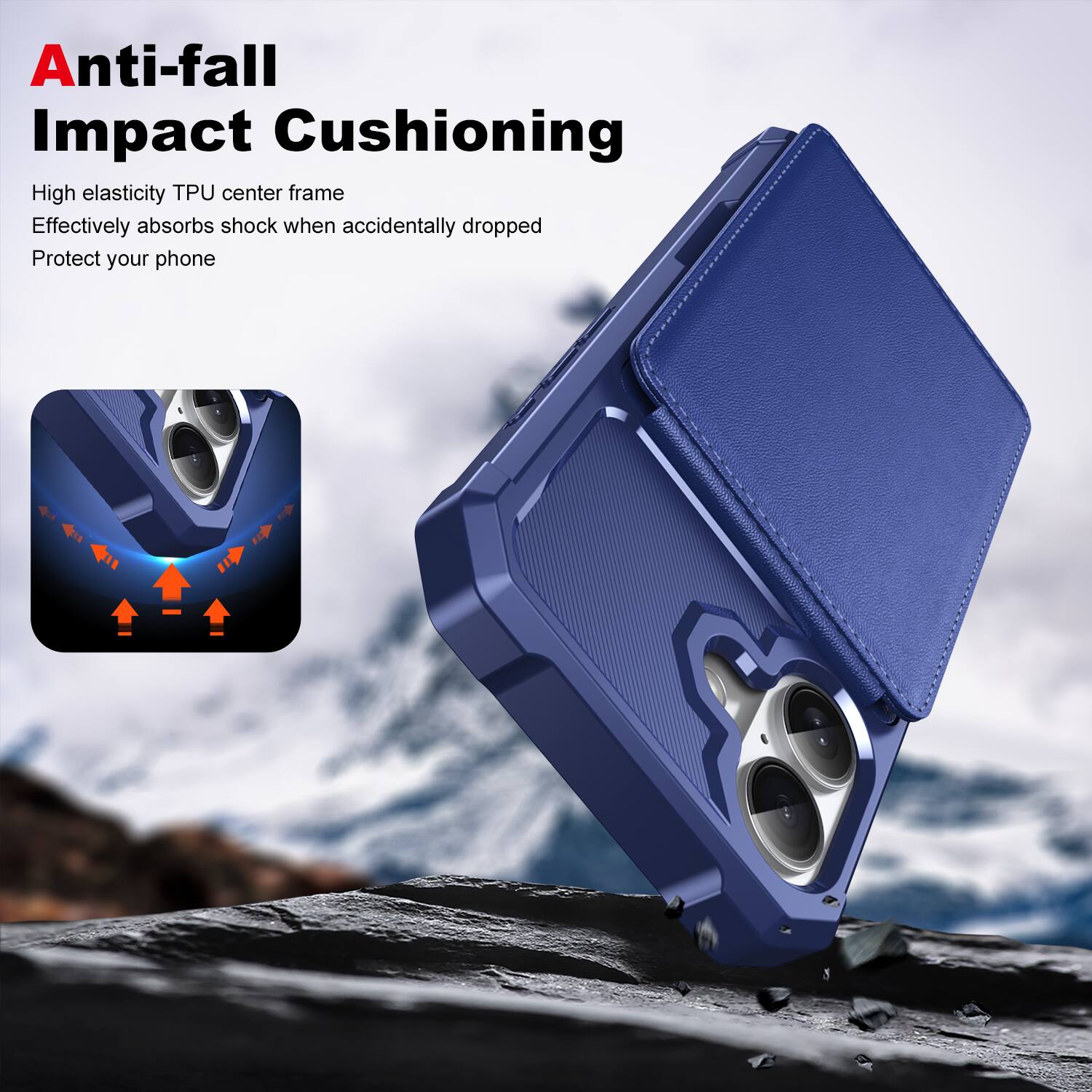 Anti-fall Impact Cushioning

High elasticity TPU center frame  
Effectively absorbs shock when accidentally dropped  
Protect your phone