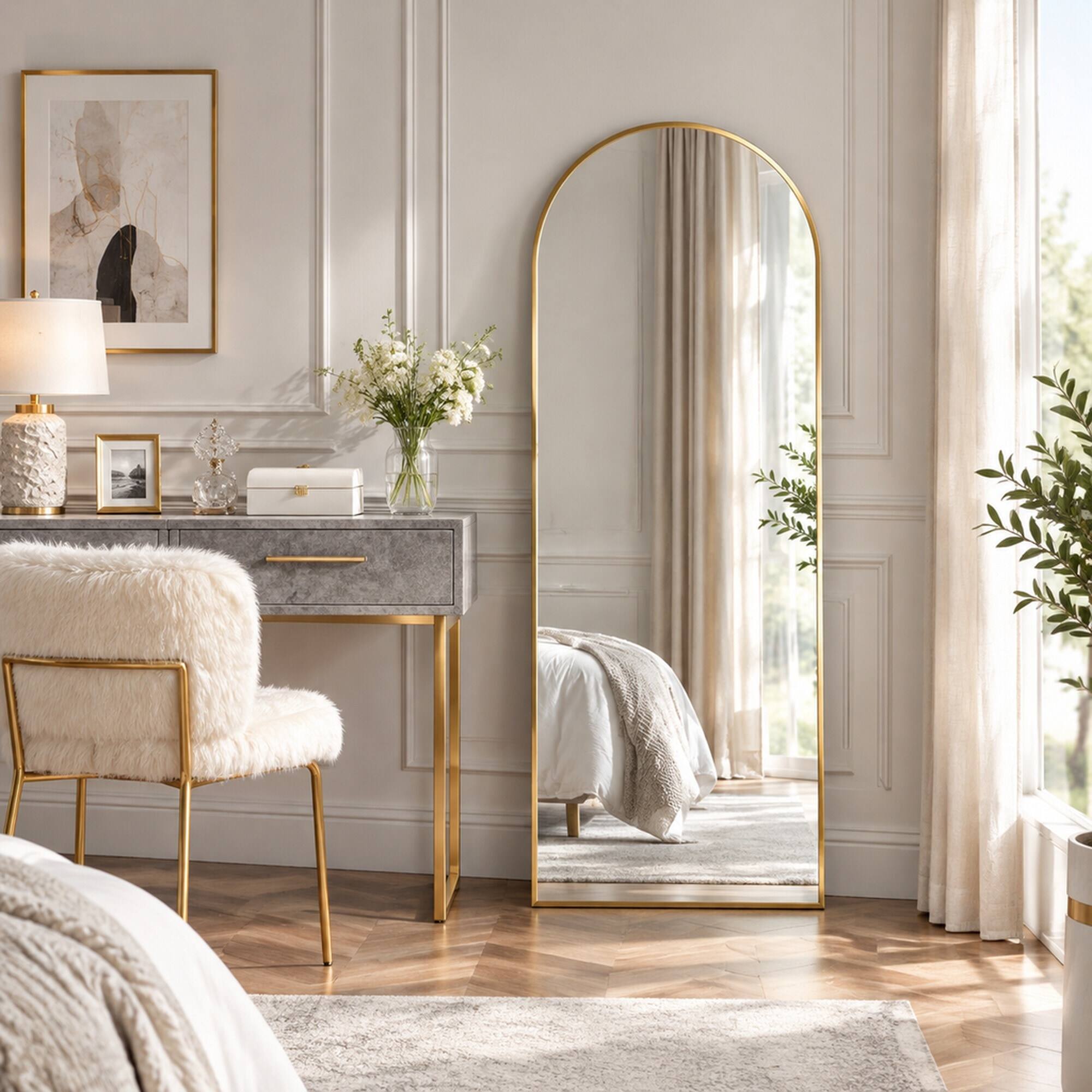 Alt View 2. RYHNUYNE - 28 x 74 in Gold Arch Full Length Body Mirror, Rounded Top, Iron Frame, Wall Mount or Leaning - Gold.