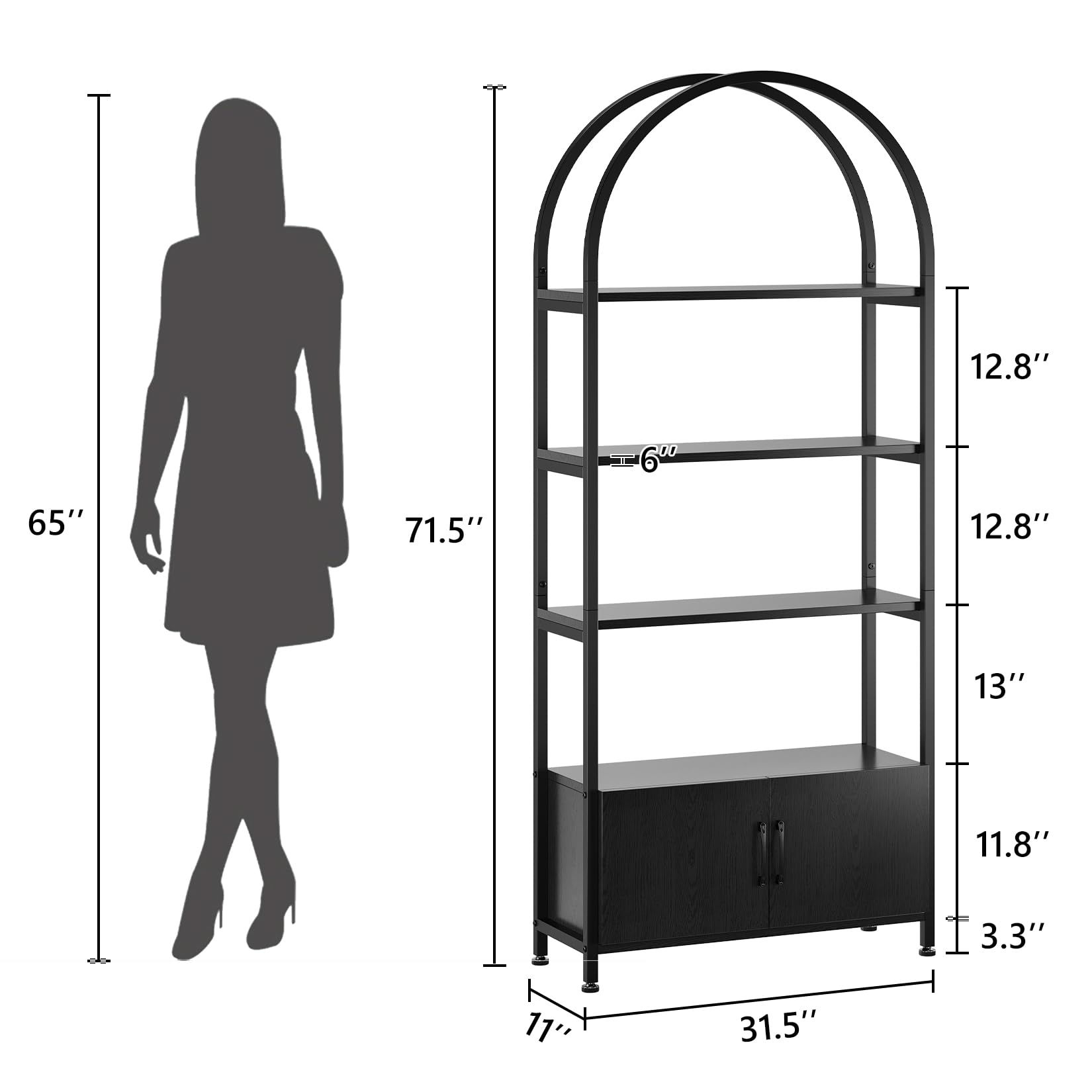 - Height: 71.5"
- Width: 31.5"
- Depth: 17.4"
- Shelf 1: 12.8"
- Shelf 2: 12.8"
- Shelf 3: 13"
- Drawer Height: 11.8"
- Drawer Depth: 3.3"