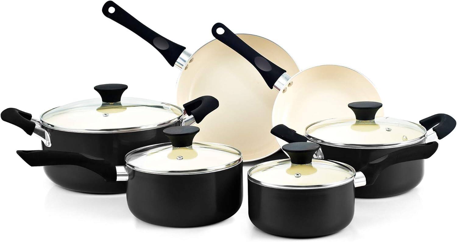 Front. Cook N Home - Cook N Home 10 pc ceramic coating aluminum cookware set, BLACK - black.