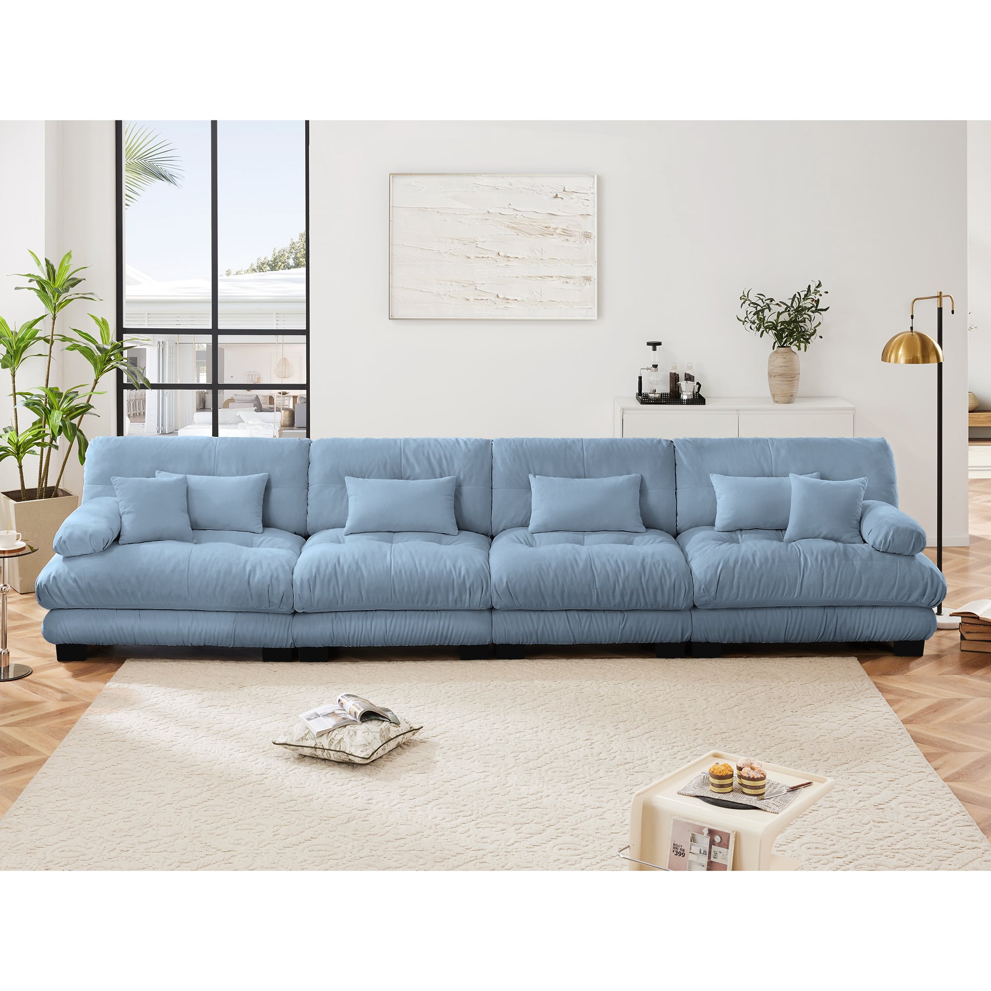 Aukfa - Super Comfort Oversized Modular Velvet Sectional Sofa with Ottoman - Deep Seat Cloud Couch, L-Shaped for Living Room - Blue