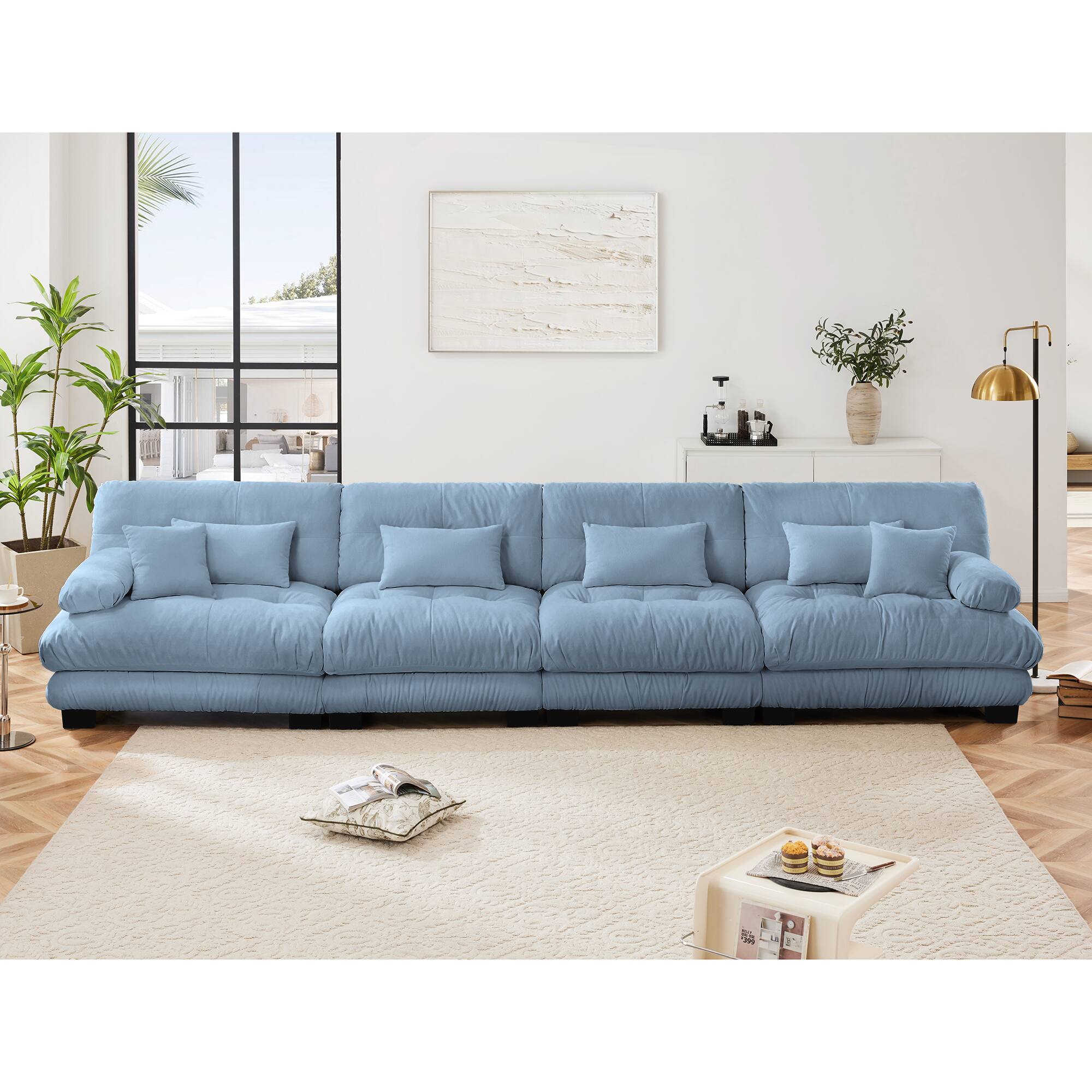 Left. DOMETOUR - 4-Seater Sectional Sofa Modular Deep Seat Sofa Couch , Chenille Sofa Comfy Upholstered Sofa for Living Room, Apartment - Chenille Blue.