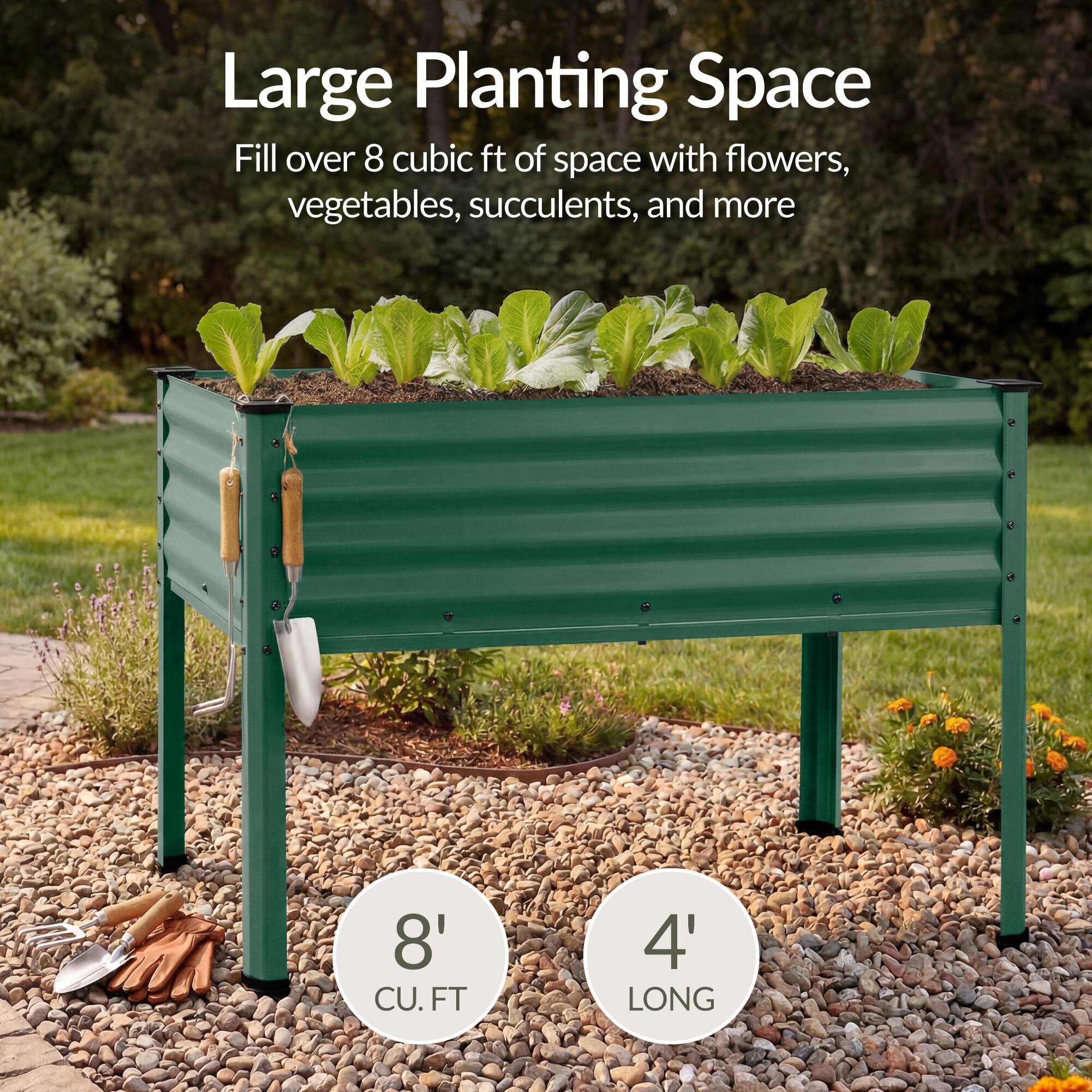 Large Planting Space  
Fill over 8 cubic ft of space with flowers, vegetables, succulents, and more  

8' CU. FT  
4' LONG