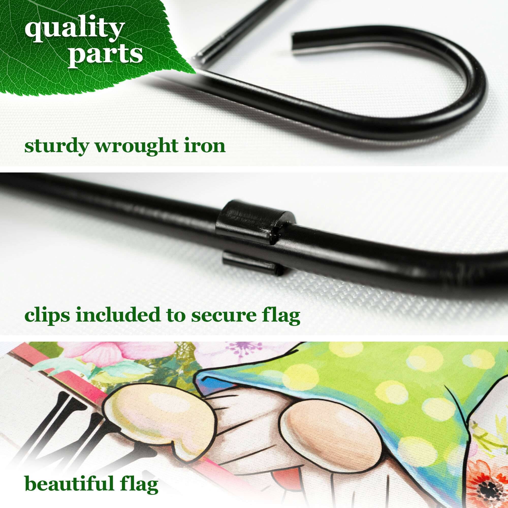 quality parts  
sturdy wrought iron  
clips included to secure flag  
beautiful flag