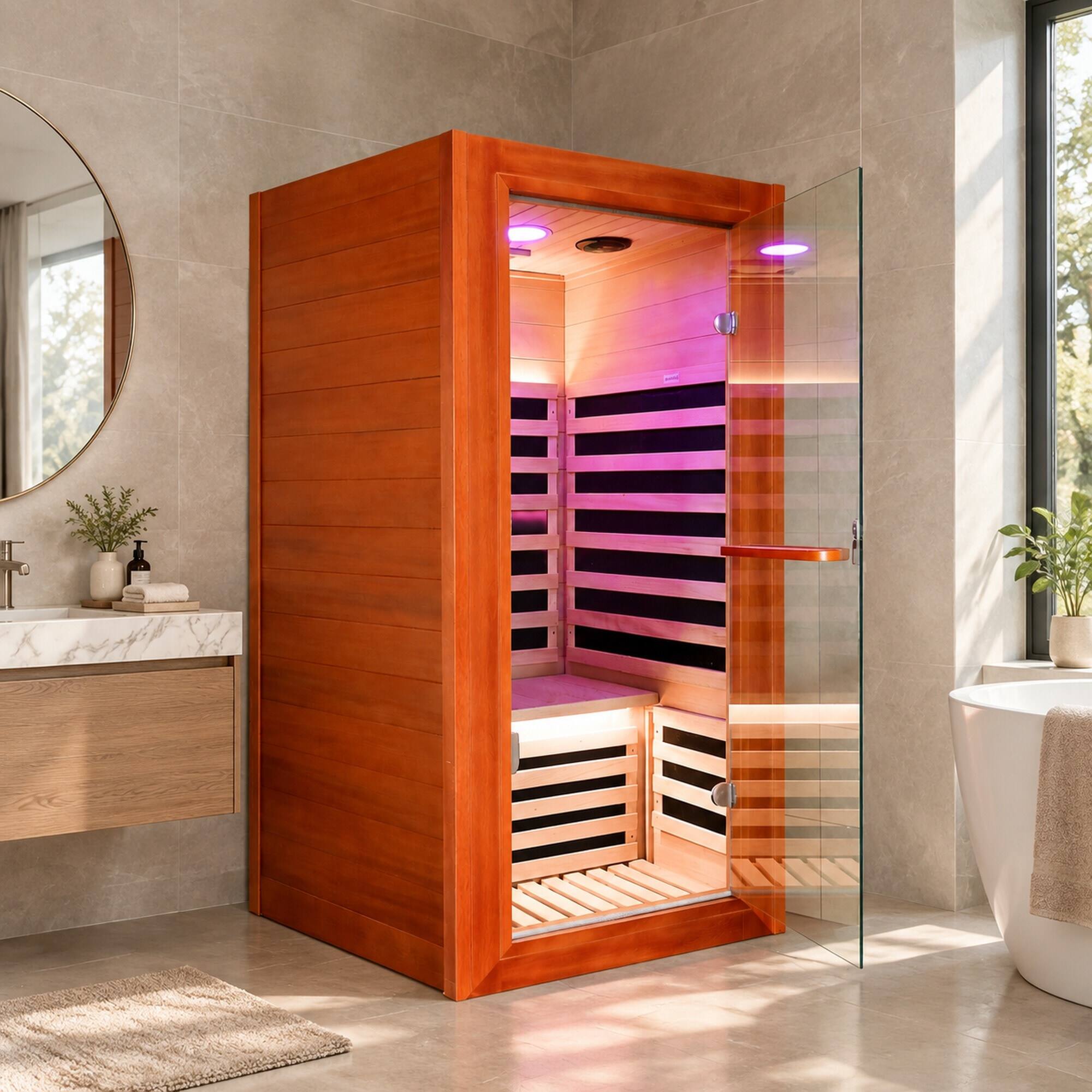 Back. RYHNUYNE - 1020W Far Infrared Sauna Room, African Oguman Wood, 7 Heating Plates, 110V, 80 cm x 80 cm x 160 cm - Almond.
