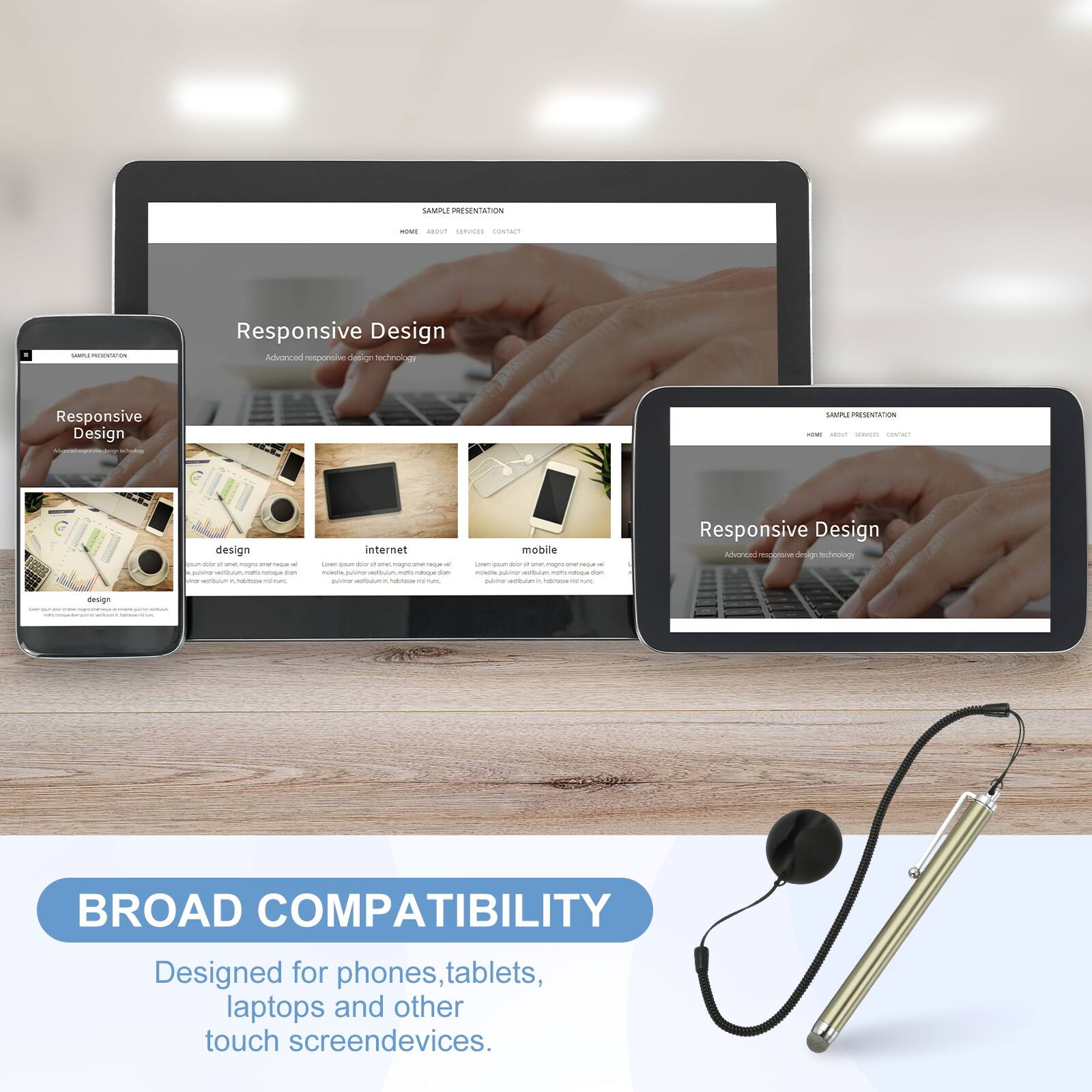SAMPLE PRESENTATION

Responsive Design
Advanced responsive design technology

BROAD COMPATIBILITY
Designed for phones, tablets, laptops and other touch screen devices.
