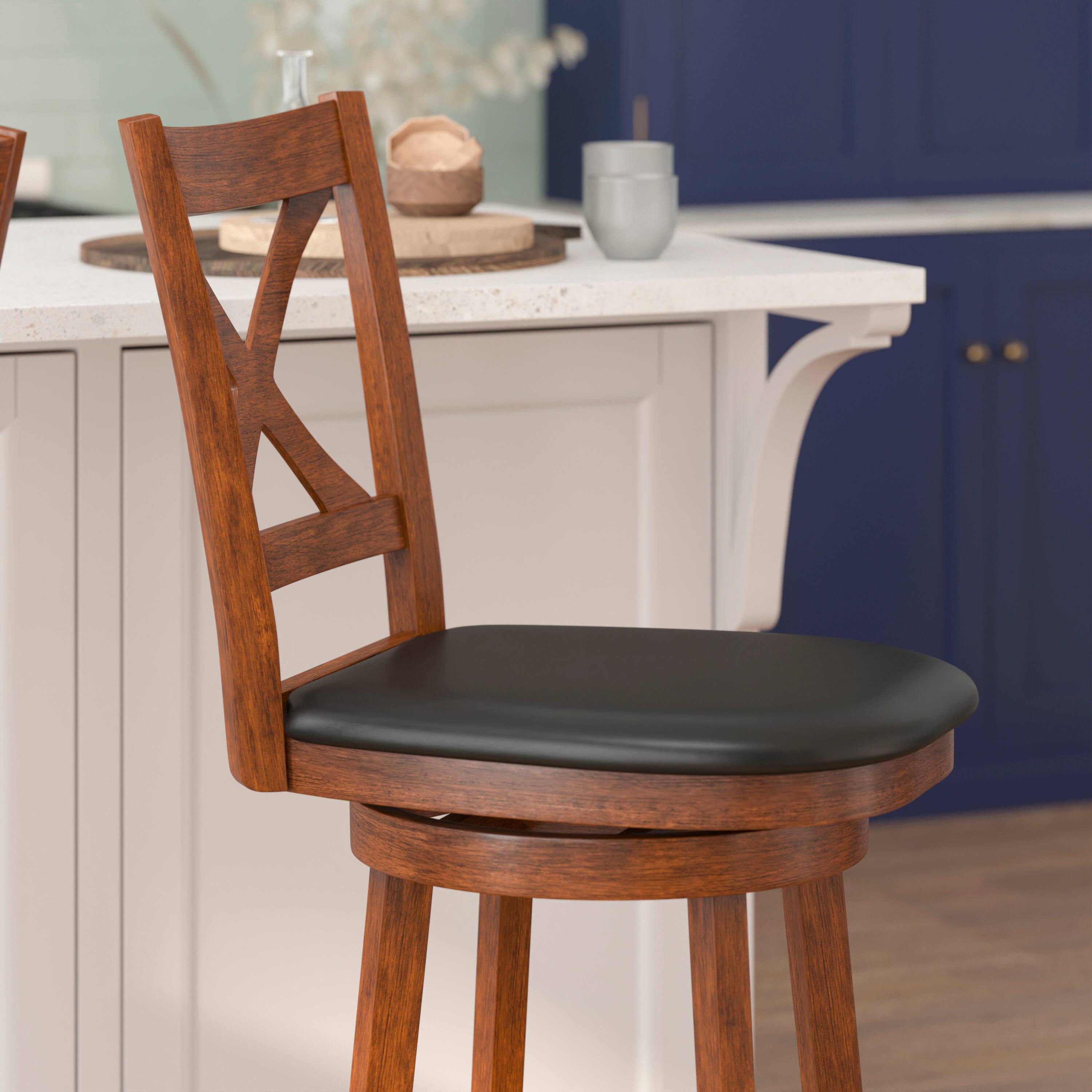 Alt View 3. Flash Furniture - Felicity Commercial Grade Wood Classic Crossback Swivel Bar Height Barstool with Padded Black LeatherSoft Seat, Antique - Brown.