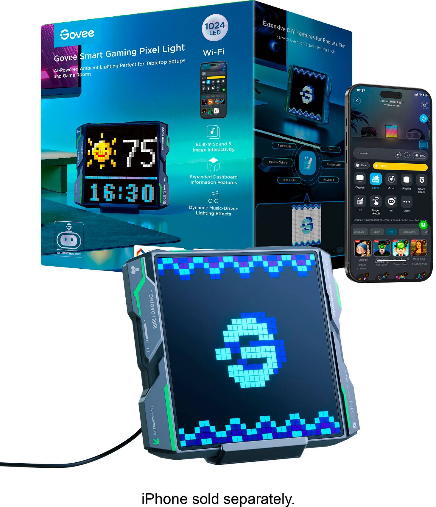 Govee Gaming Pixel Light Govee Smart for Tabletop Setups Lighting Perfect Al-Powered Ambient and Game Roomd 1024 LED Wi-Fi Extensive DIY Eaty-to Features for dus and Endless versalle Zotng Fan Took 10:37 af / 1 Camia  L - Sarvaenu e U 75 16:30  Buit-In Sound & Image Interactivity Expanded Dashboard Information Features Dynamic Music-Driven Lighting Effects ha - nETS aters ie Buren - - -  Ls A - - - 10% Disalay Sane Musc - - - - nnwing tgntina atam - - - we 1 Anioas Spur - - - LESTINE - W/ELOADING... - -n I - - - - Cder Orsam - Touing e | iPhone sold separately.