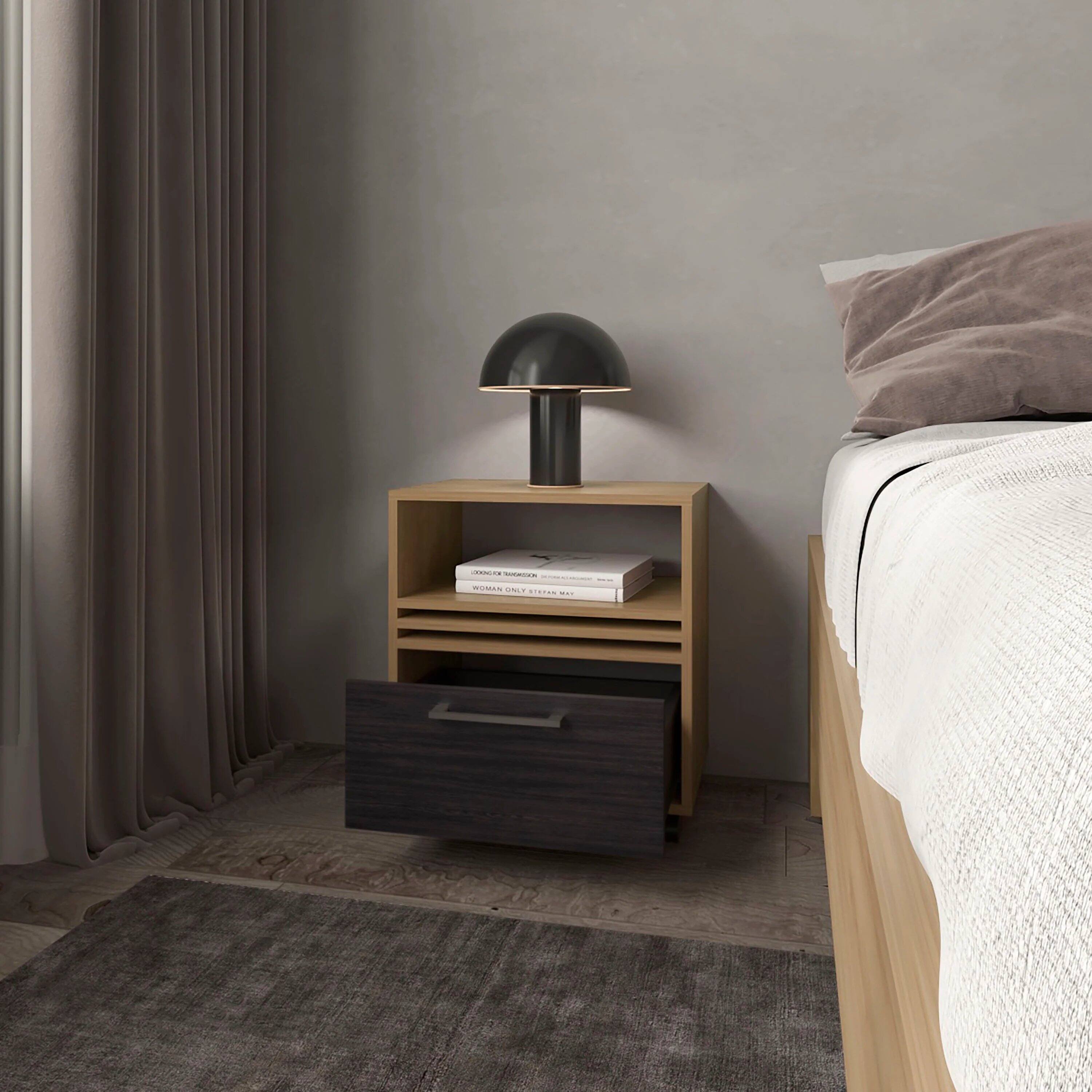 Angle. Tiramisubest - Natural Oak Nightstand with Drawer and Open Storage, Smooth-Rolling Caster Wheels - White.