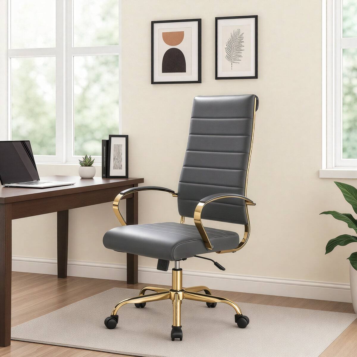 Angle. LeisureMod - Benmar High-Back Leather Office Chair with Gold Accents, Adjustable Height, Swivel and Tilt Conference Desk Chair - Grey.