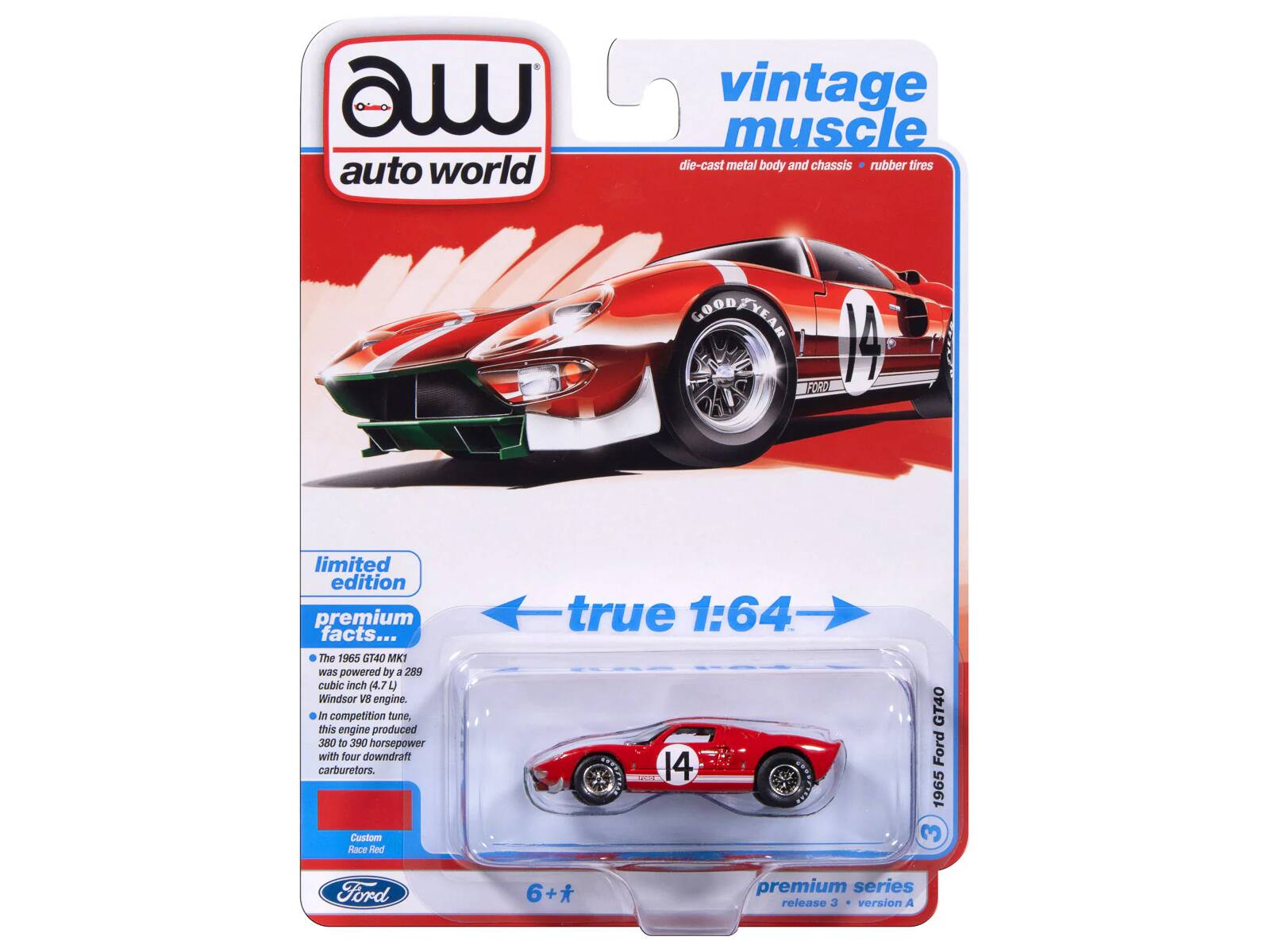 auto world vintage muscle die-cast metal body and chassis rubber tires GOOD YEAR 2020 limited edition premium facts... The 1965 GT40 MK1 was powered by a 289 cubic inch (4.7 L) Windsor V8 engine. In competition tune, this engine produced 380 to 390 horsepower with four downdraft carburetors. Custom Race Red true 1:64 . 14 GT40 Ford 1965 3 Ford 6+* premium series release 3 version A