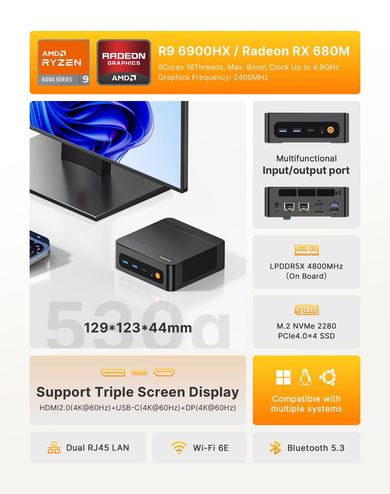 AMDA R9 6900HX / Radeon RX 680M  
RADEON RYZEN GRAPHICS  
8Cores 16Threads, Max. Boost Clock Up to 4.9GHz  
Graphics Frequency: 2400MHz  

Multifunctional Input/output port  

LPDDR5X 4800MHz (On Board)  
500g M.2 PCle4.0x4 NVMe 2280 SSD  

Support Triple Screen Display  
MI2.0(4K@60Hz)+USB-C(4K@60Hz)+DP(4K@60Hz)  

Compatible with multiple systems  

Dual RJ45 LAN  
Wi-Fi 6E  
Bluetooth 5.3