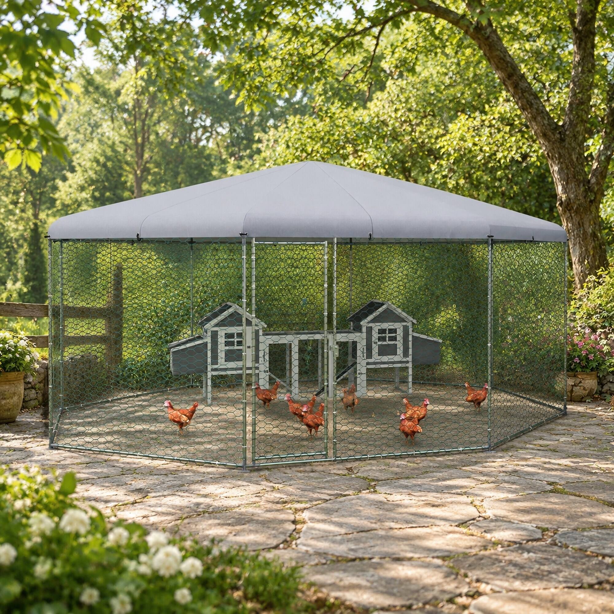 Angle. RYHNUYNE - 17 ft x 15.7 ft x 9 ft Walk-In Metal Chicken Coop, Waterproof Anti-UV Cover, Lockable Door, Rust-Resistant Frame.