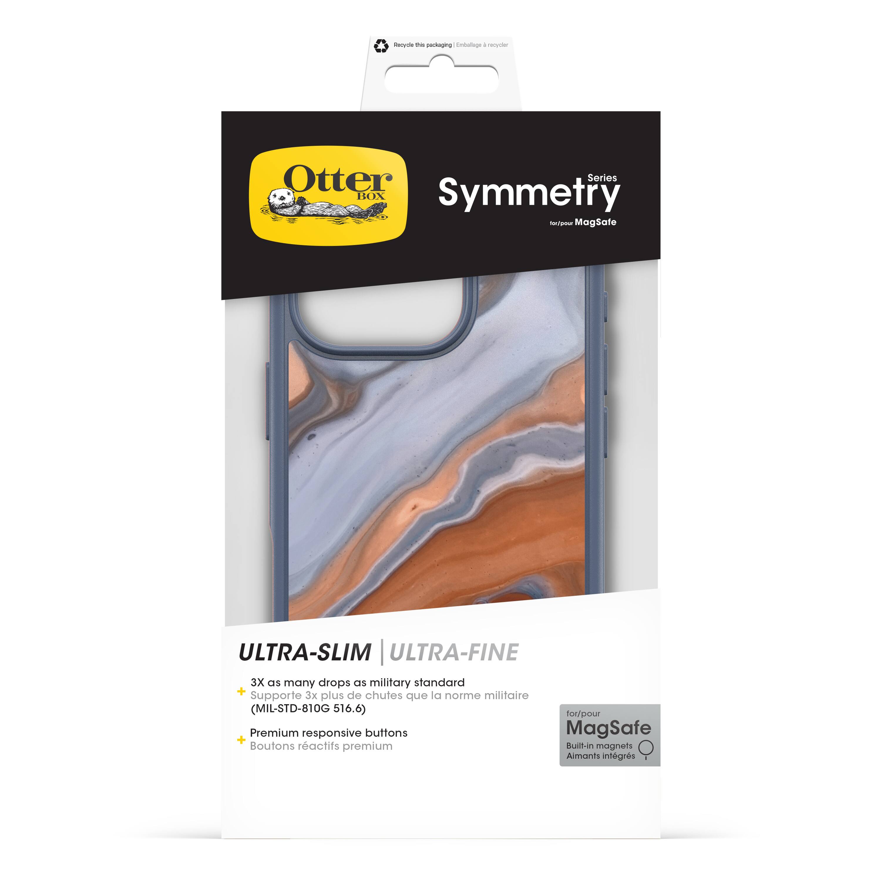 OtterBox Symmetry Series BOX MagSafe ULTRA-SLIM ULTRA-FINE 3X as many drops as military standard + la militaire Supporte 3x plus de chutes que norme (MIL-STD-810G 516.6) fot/pour Premium responsive buttons MagSafe + Boutons ractifs premium Buit-in magnets Aimants integrs