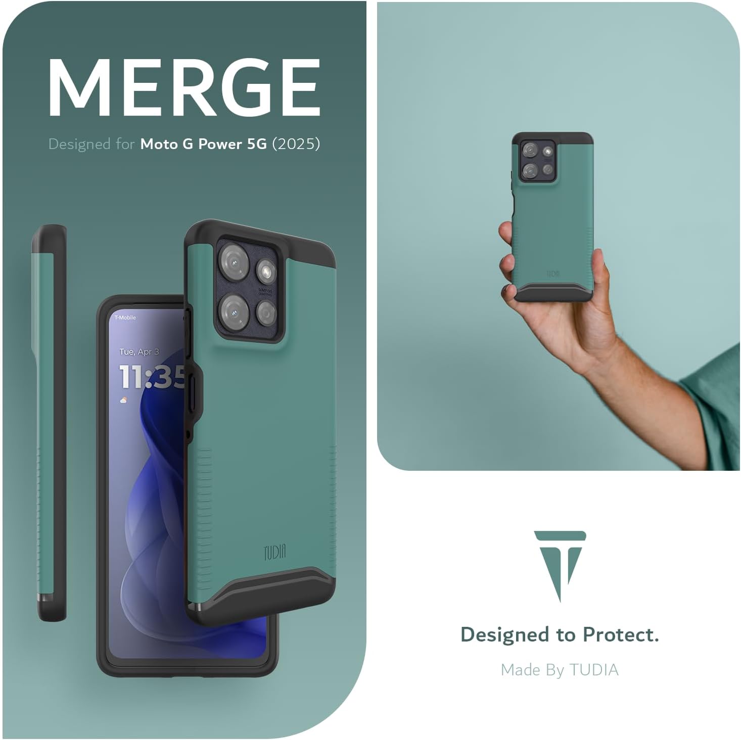 MERGE  
Designed for Moto G Power 5G (2025)  

Mabile  
Tue, Apr 3 11:35  

TUDIA  
Designed to Protect.  
Made By TUDIA
