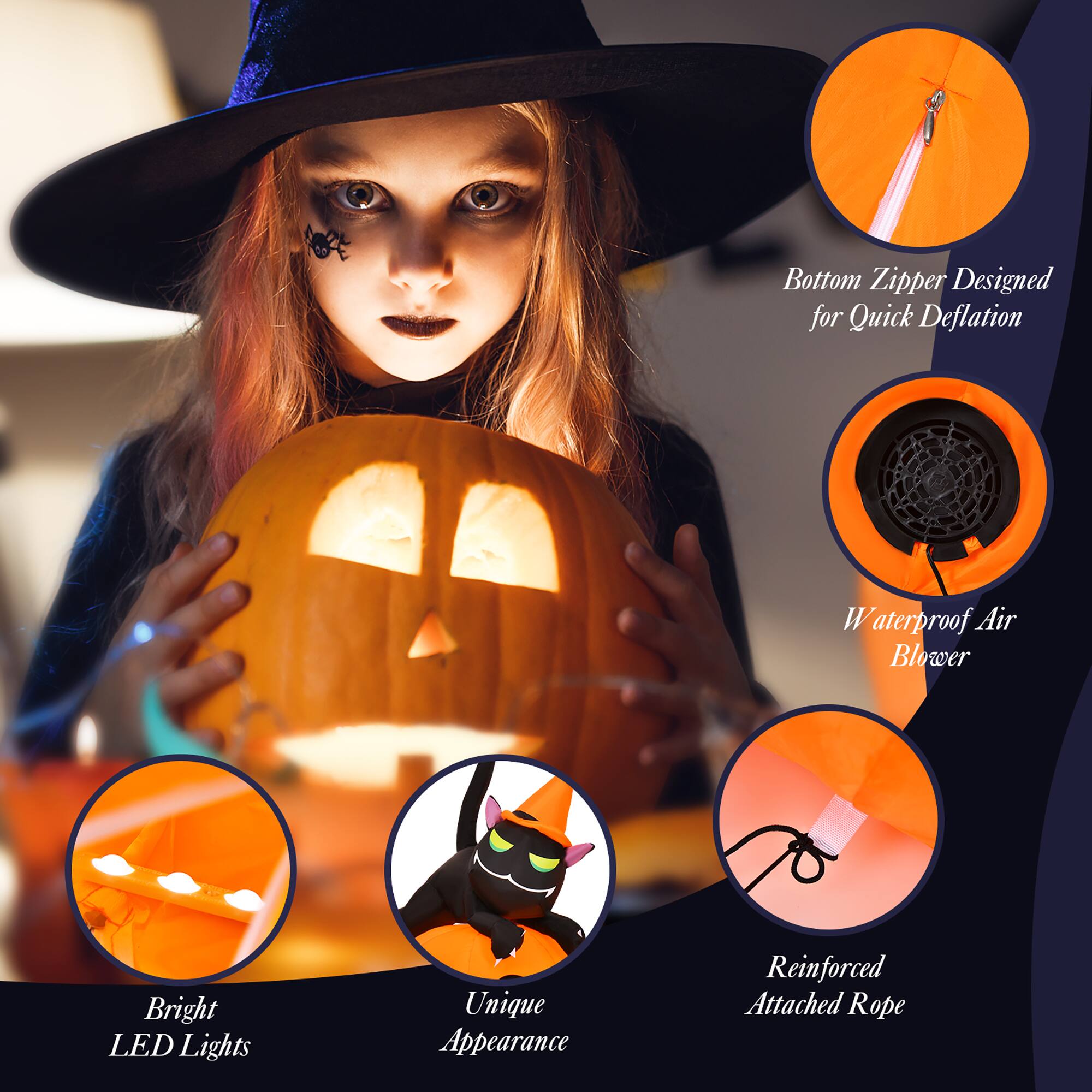 The image features a young girl holding a pumpkin, which is described as having a unique appearance. The pumpkin is accompanied by a bright LED light, and it is designed with a bottom zipper for quick deflation. The pumpkin also has a reinforced attachment and a rope.
