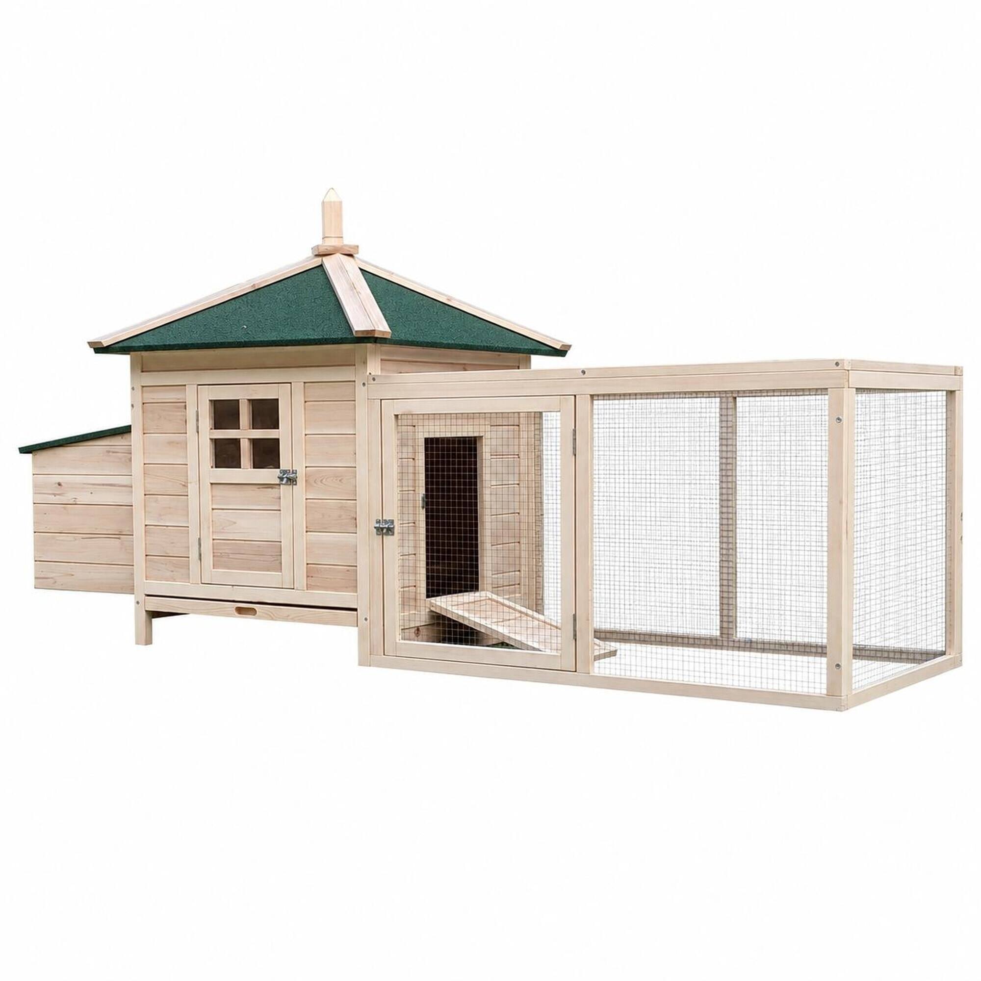 Front. RYHNUYNE - 77.25 in Wooden Chicken Coop, Fir Wood Hen House, Nesting Box, Removable Tray, Ramp Run, Backyard Garden.