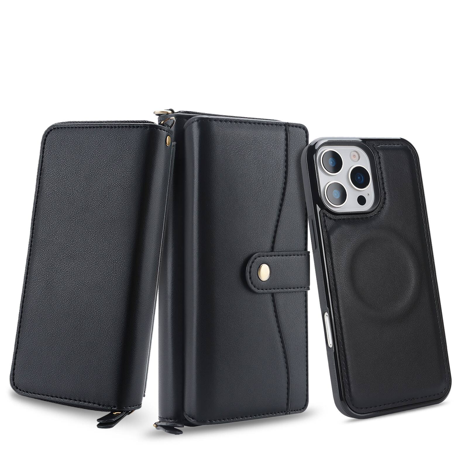 Dteck - RFID Leather Wallet Phone Case for Apple iPhone 16 Pro Max, Magnetic Detachable Card Holder Cover with Wrist Strap - Black