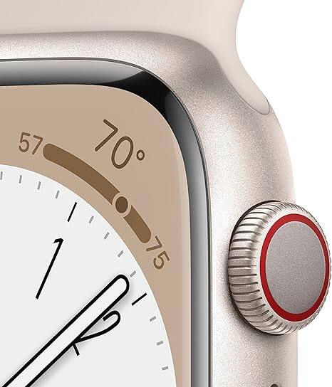 Left. Apple - Watch Series 8 (GPS) 41mm Aluminum Case with Starlight Sport Band - Starlight.