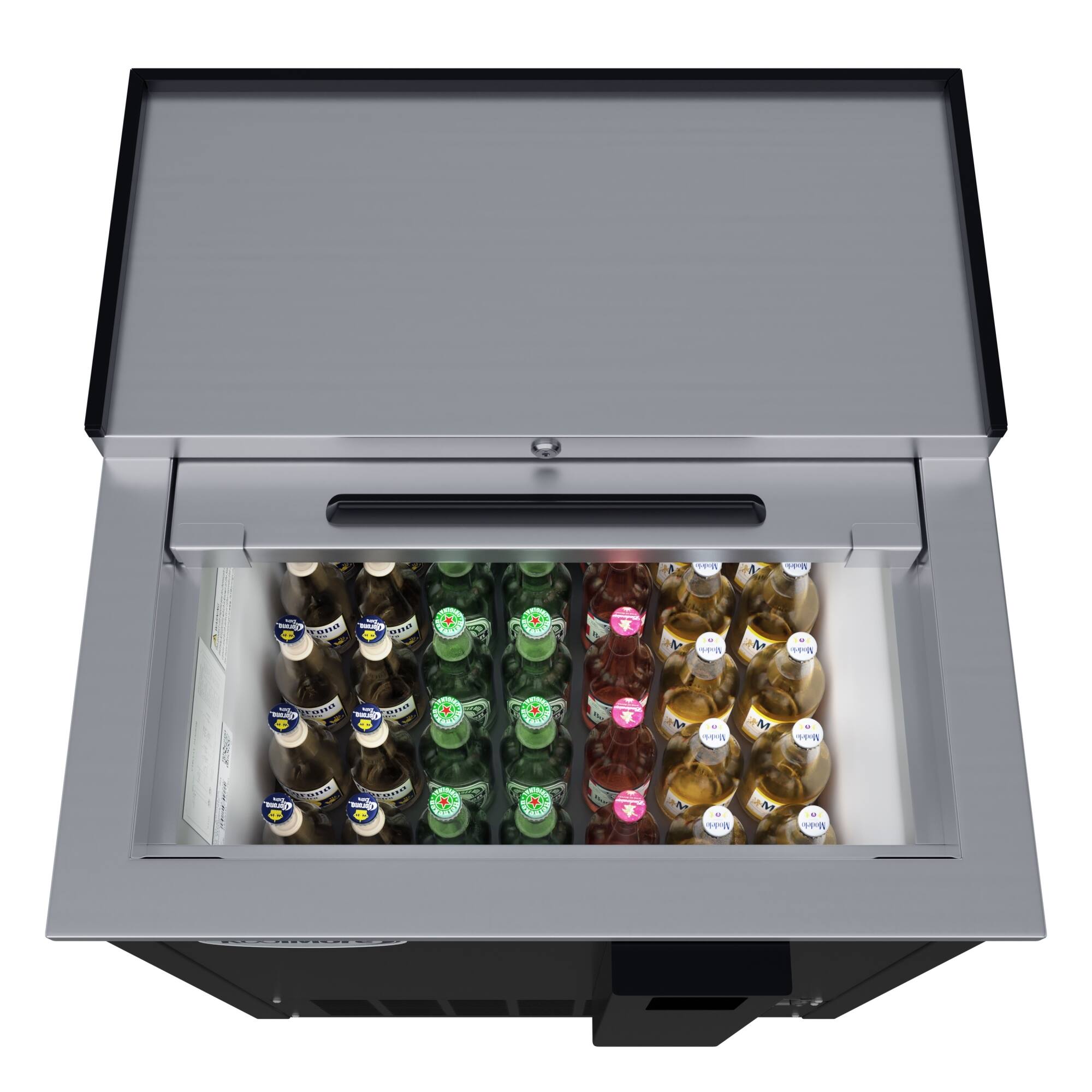 The image shows a refrigerator with a drawer that is filled with many bottles of beer. The bottles are arranged in a neat row, with some bottles being green, while others are brown. The refrigerator is designed to keep the beer chilled and organized, making it a convenient and stylish storage solution for the beer collection.