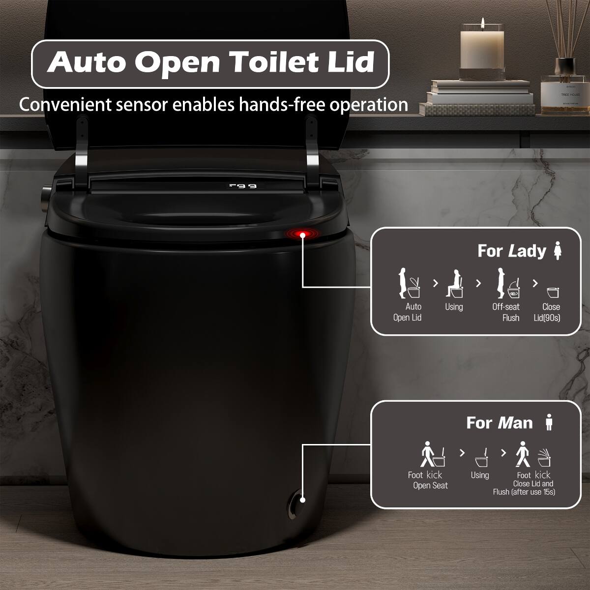Auto Open Toilet Lid  
Convenient sensor enables hands-free operation

For Lady  
Auto Open Lid  
Using  
Off-seat Close Flush Lid (90s)

For Man  
Foot kick Open Seat  
Using  
Foot kick Close Lid and Flush (after use 15s)