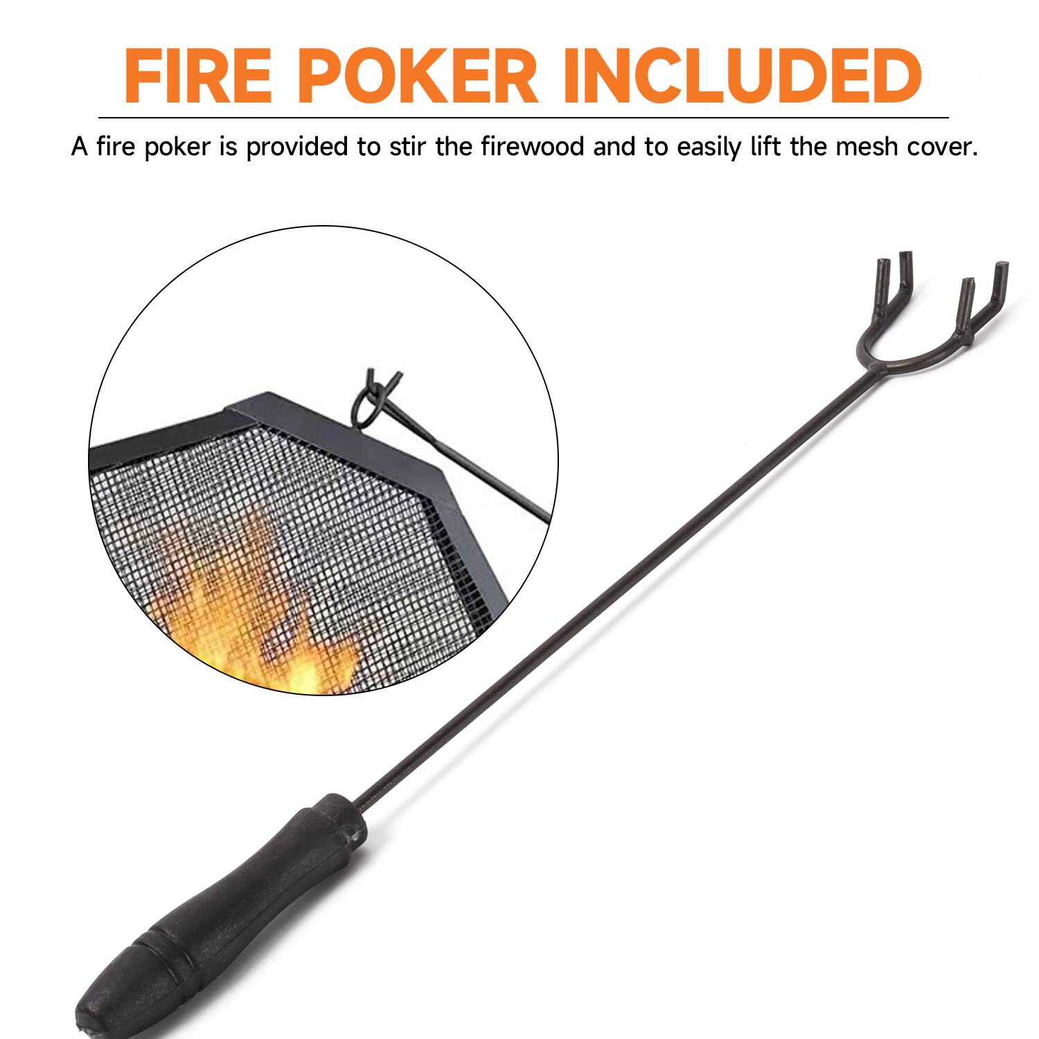 FIRE POKER INCLUDED
A fire poker is provided to stir the firewood and to easily lift the mesh cover.