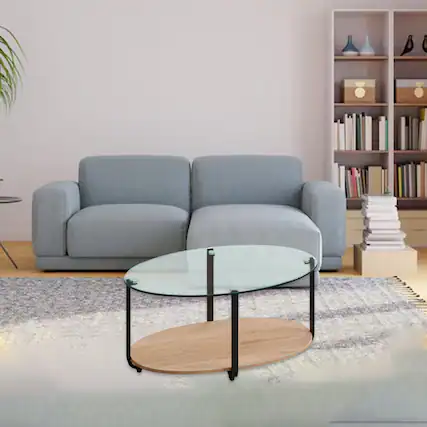 Front. Hivvago - Glass Oval Coffee Table with Wooden Storage Shelf - Brown.