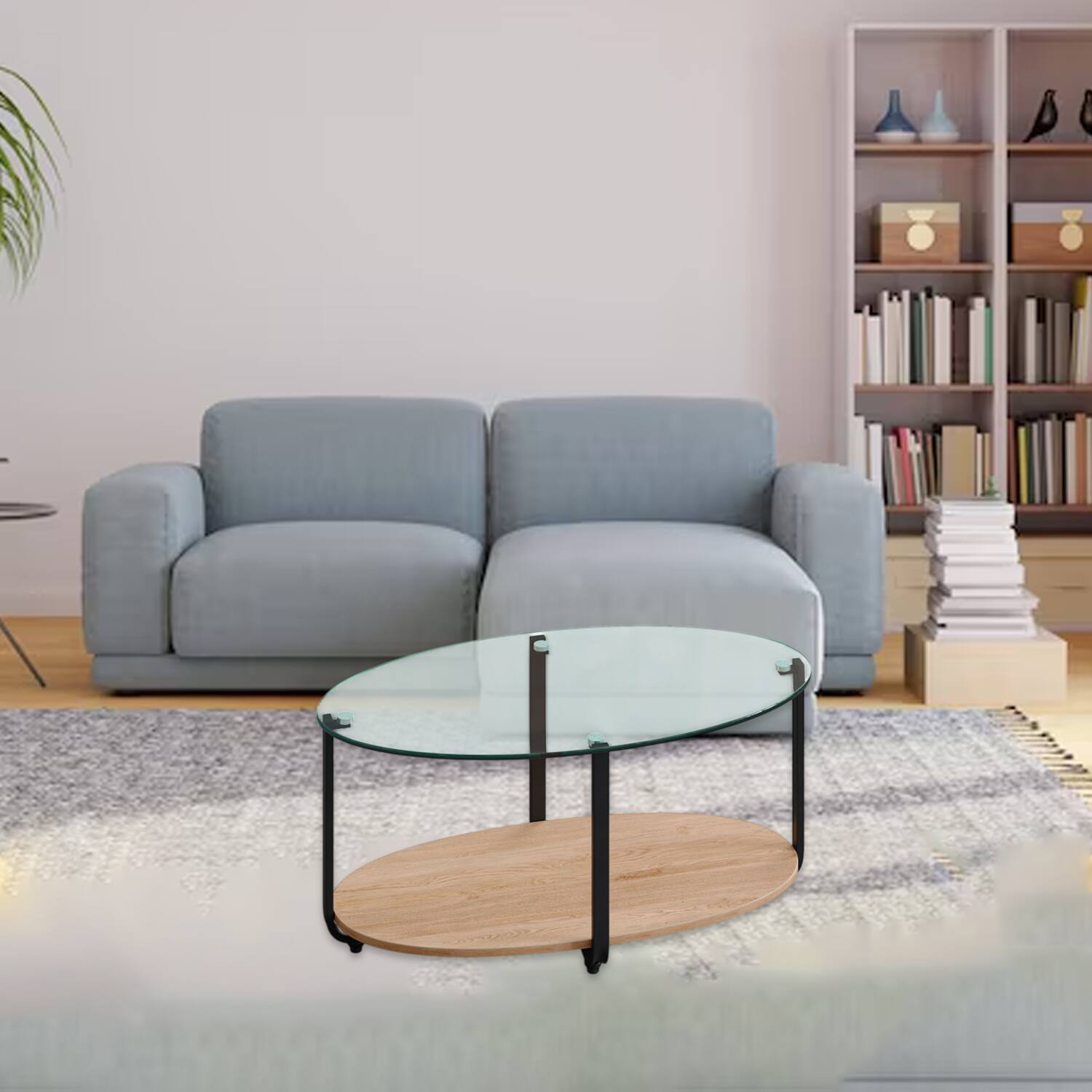 Front. Hivvago - Glass Oval Coffee Table with Wooden Storage Shelf - Brown.