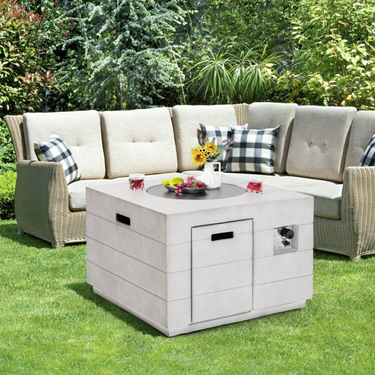 Left. Mondawe - 34 Inch Square Concrete Propane Fire Pit Table with Lava Rocks and Cover - Grey.