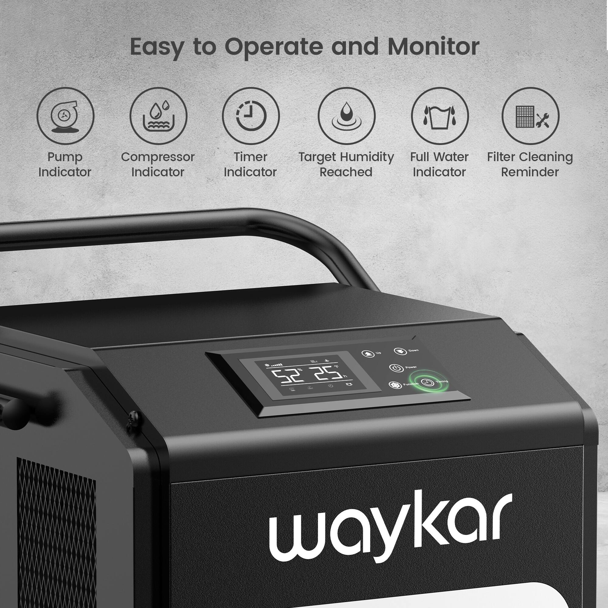 Easy to Operate and Monitor

- Pump Indicator
- Compressor Indicator
- Timer Indicator
- Target Humidity Reached
- Full Water Indicator
- Filter Cleaning Reminder